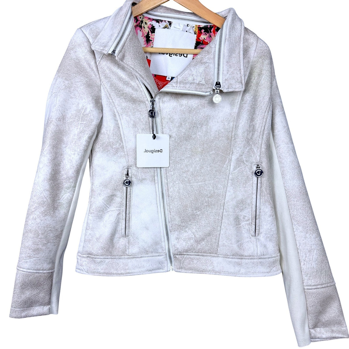 Desigual Moto Jacket Transformer Women's 38 US Small Cream Brown Embroidered NWT
