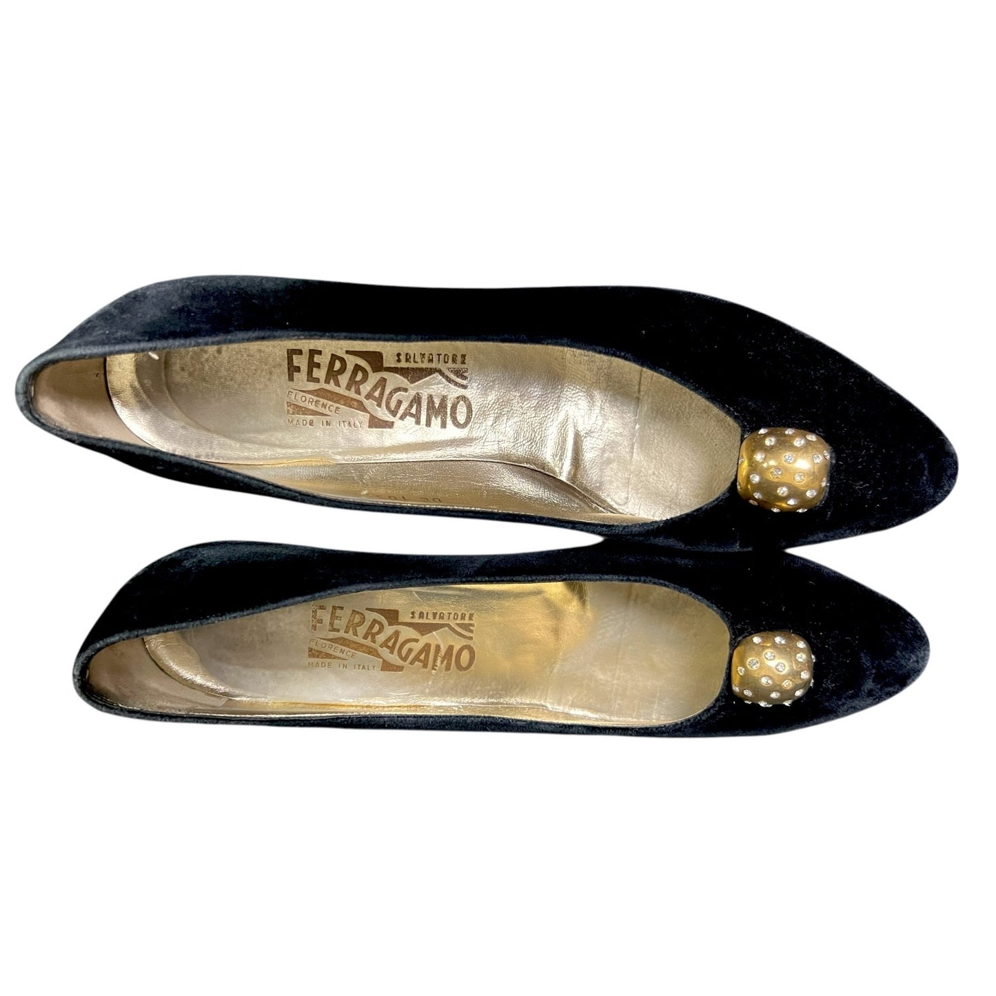 Vintage Salvatore Ferragamo Black Suede Kitten Heel Pumps with Faux Gold & Diamond Accent