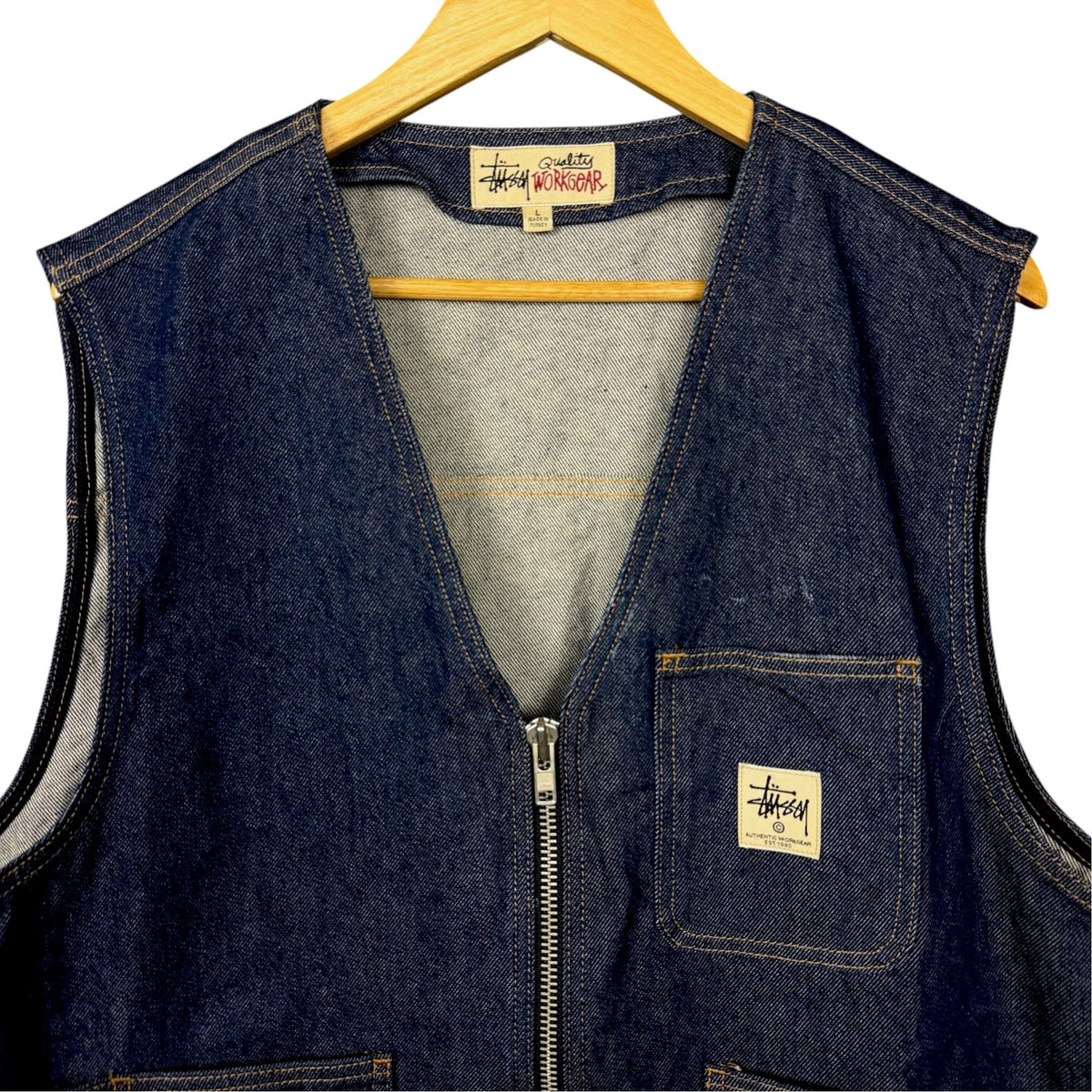 Stussy Workgear Indigo Blue Full Zip Denim Jean Vest Men's Large Utility Skater