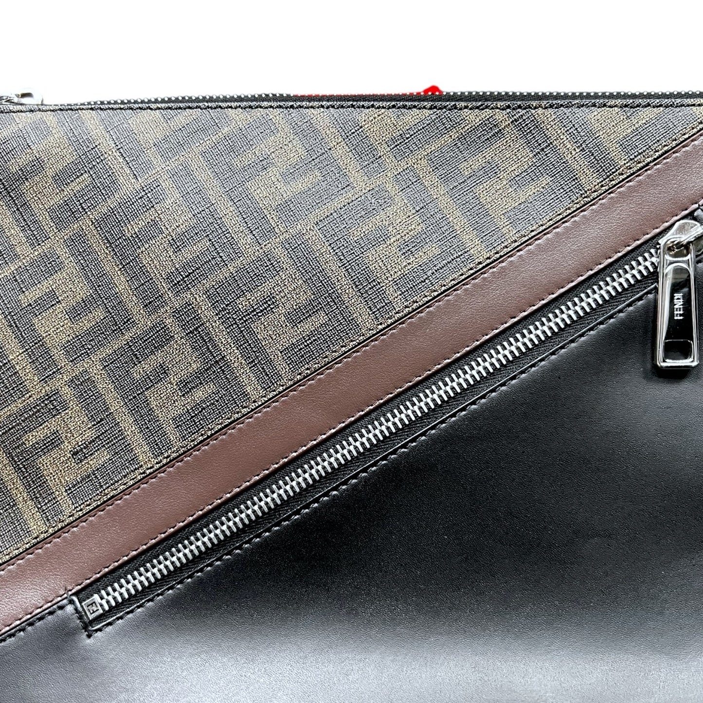 Fendi Diagonal Wrist Clutch Brown FF Zucca Logo Black Trim Luxury $1,250