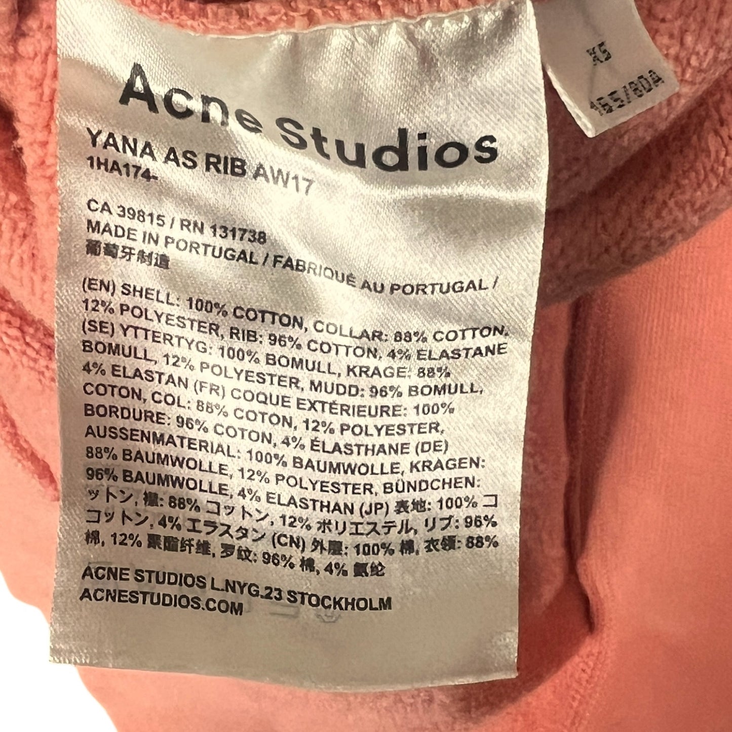 Acne Studios Yana AS Men's XS Ribbed Salmon Russion Dressing Cotton Sweatshirt