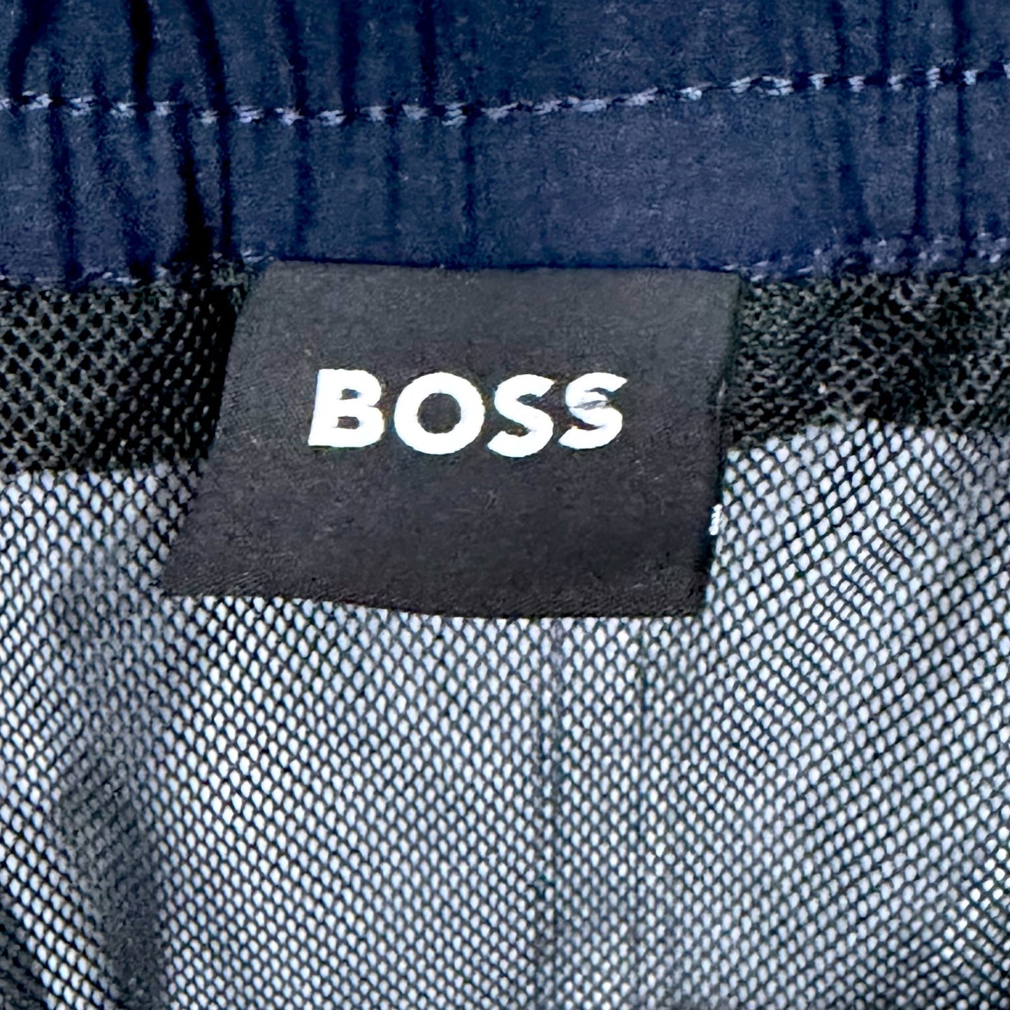 Hugo Boss Navy Blue Geometric Print Swim Trunks Men's XL Mesh Lined Luxury Pool