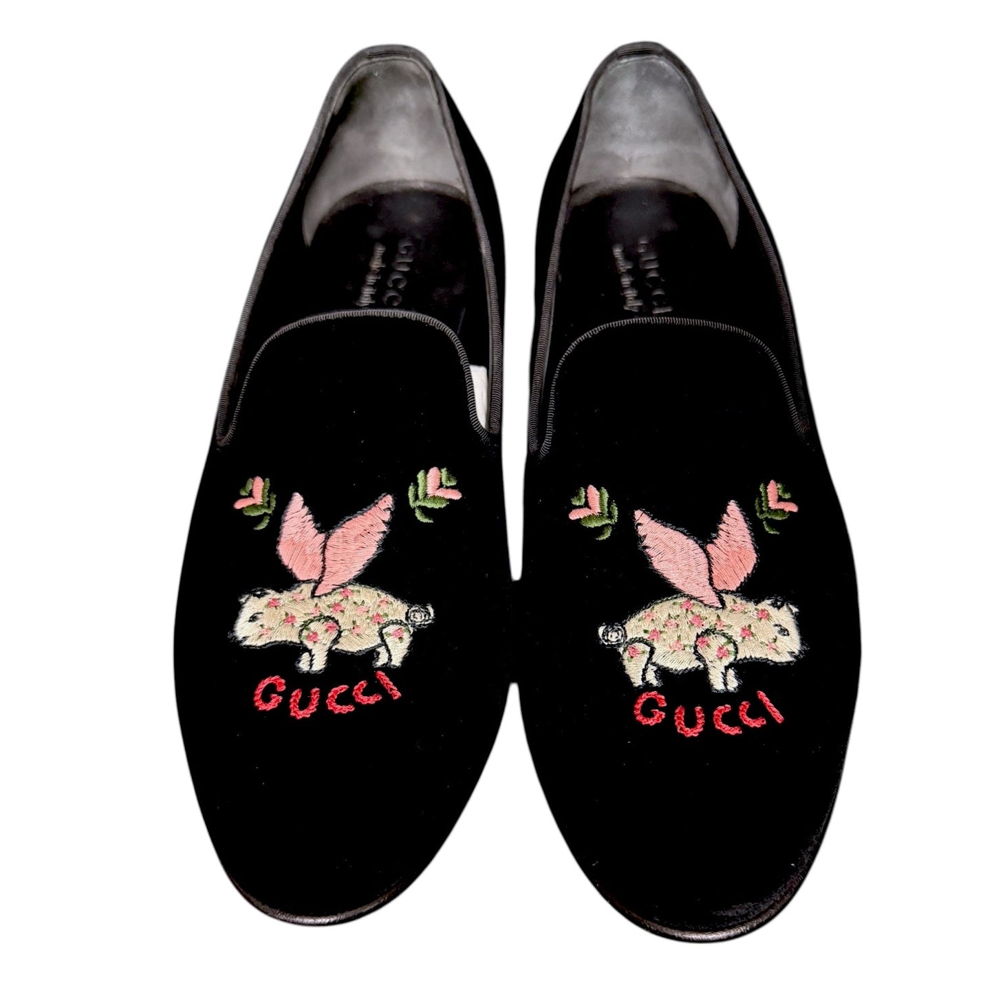 Gucci Flying Pig Embroidered Black Velvet Loafers Slippers - $1,090 Retail