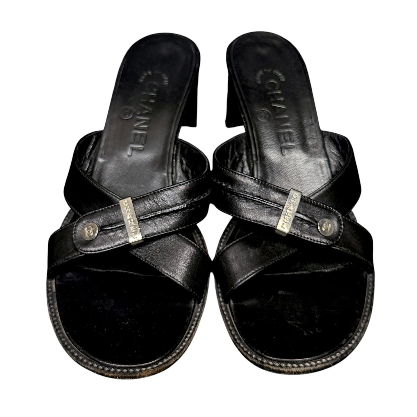 Vintage Chanel Black Leather Crossover Strap Mule Sandals Women EU 37.5 US 7/7.5