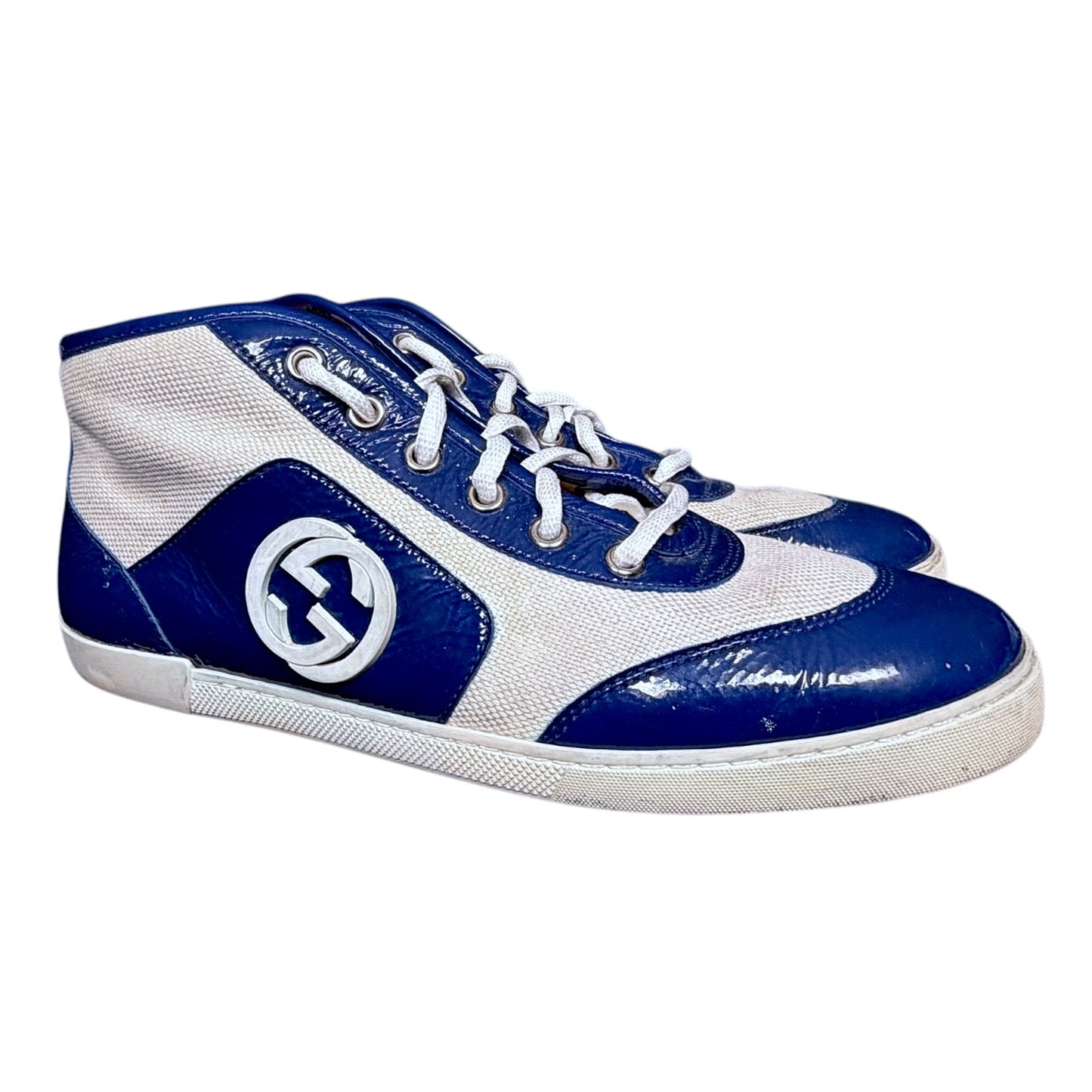 Gucci Two Tone Canvas and Patent Leather Hi-Top Sneakers