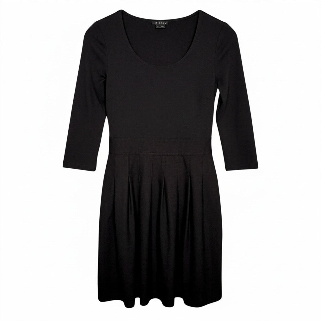 Theory Dress Women's 2 Black Wool Blend Knit Long Sleeve Scoop Neck Mini