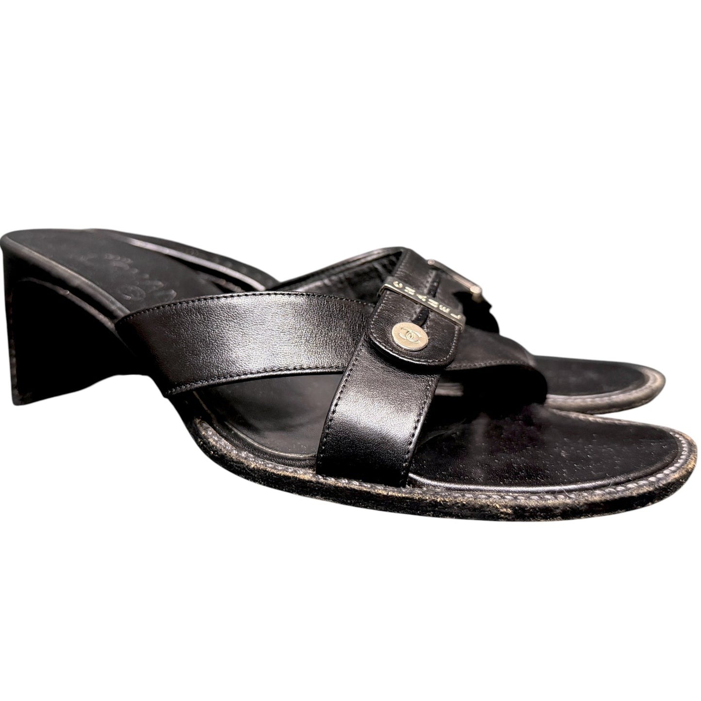 Vintage Chanel Black Leather Crossover Strap Mule Sandals Women EU 37.5 US 7/7.5