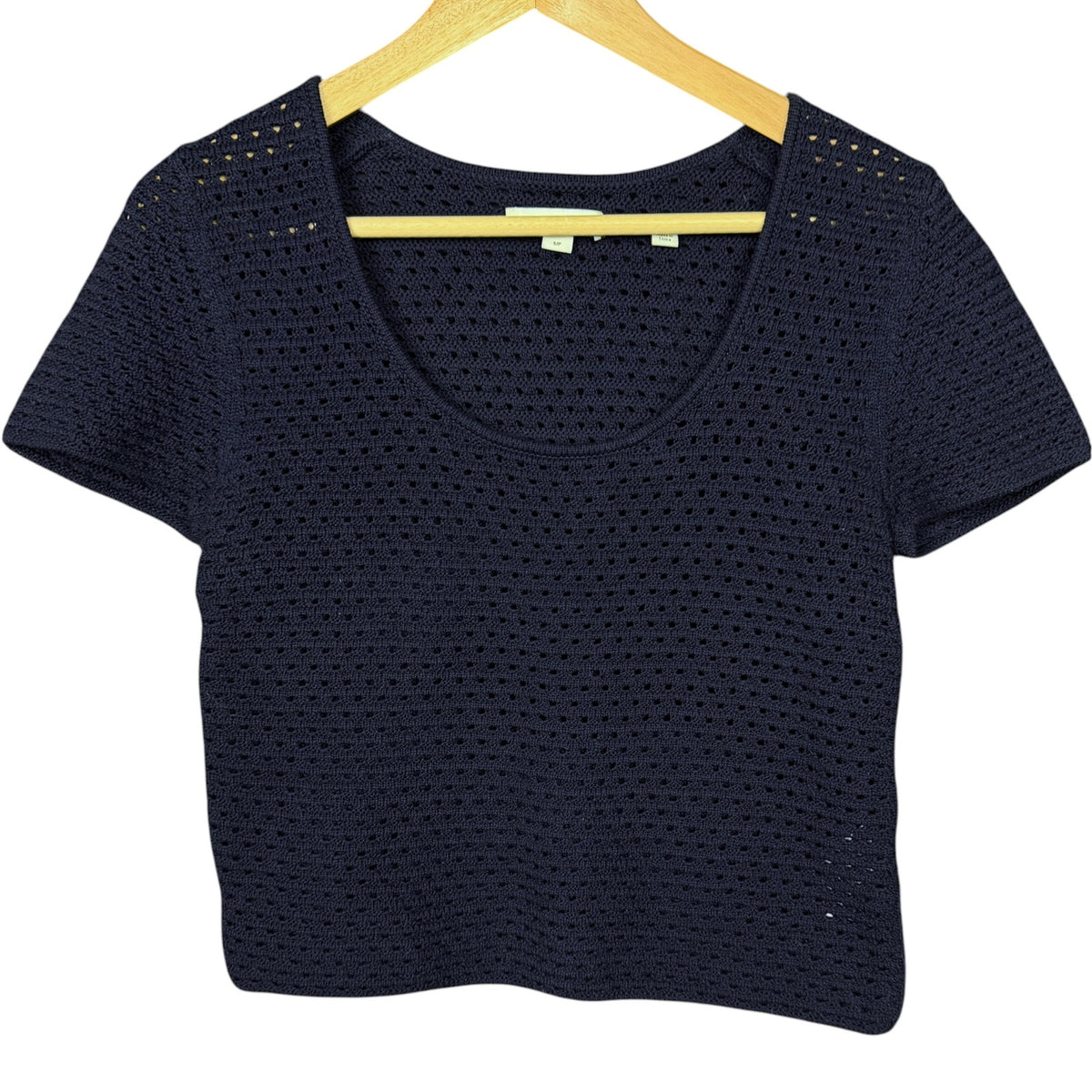 Vince Women's Small Navy Blue Open Knit Pointelle Cotton Short Sweater Boho
