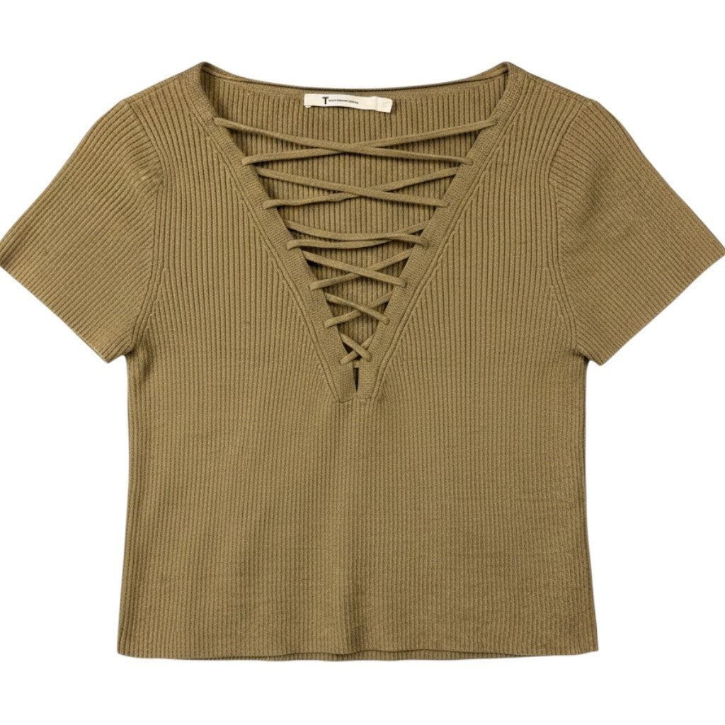 Alexander Wang T Women's S Corset Front Ribbed Cropped Sweater Top Cashmere