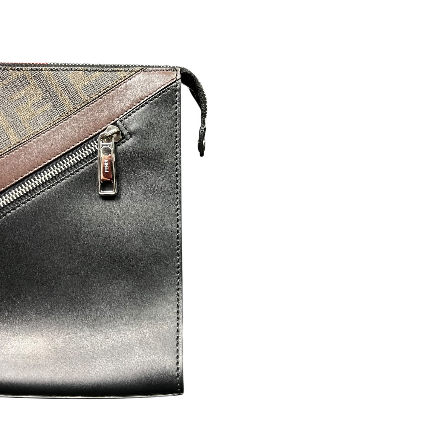 Fendi Diagonal Clutch Brown FF Logo Black Trim - $1,250 Retail