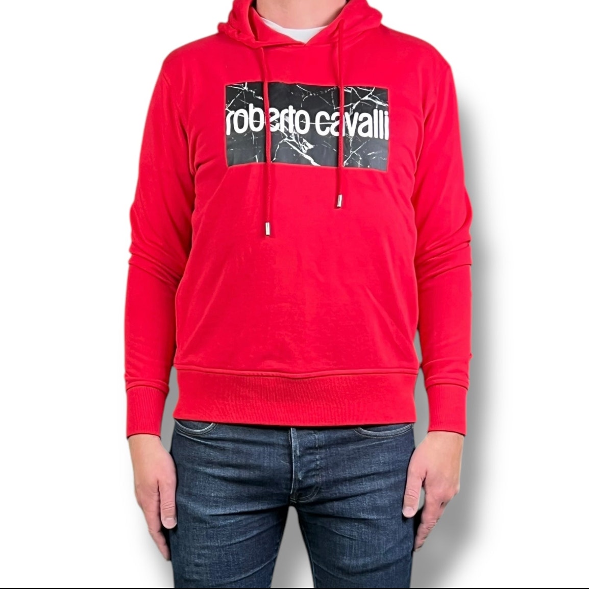 Roberto Cavalli Signature Logo Men's Small Red Hoodie Casual Luxury Sportswear