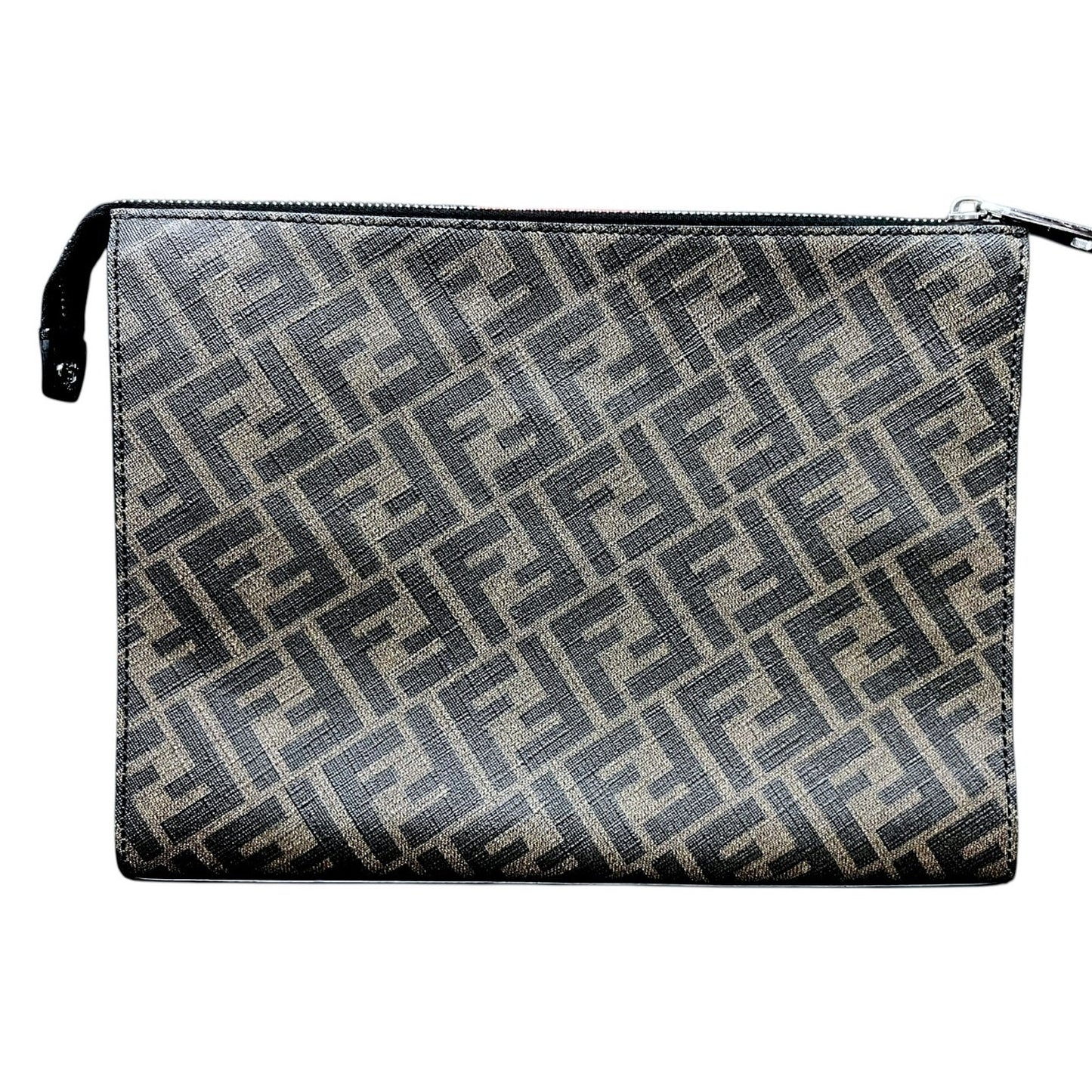 Fendi Diagonal Wrist Clutch Brown FF Zucca Logo Black Trim Luxury $1,250