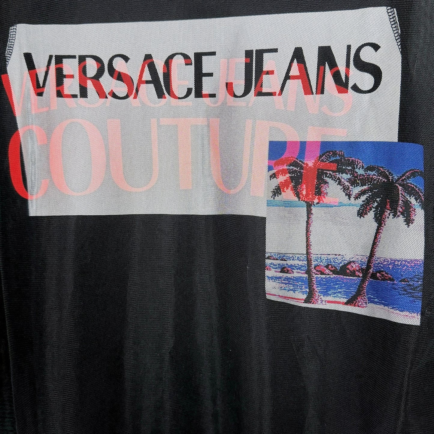 Versace Jeans Couture Women's Medium Mesh Over Tank Top Graphic T-Shirt Blouse