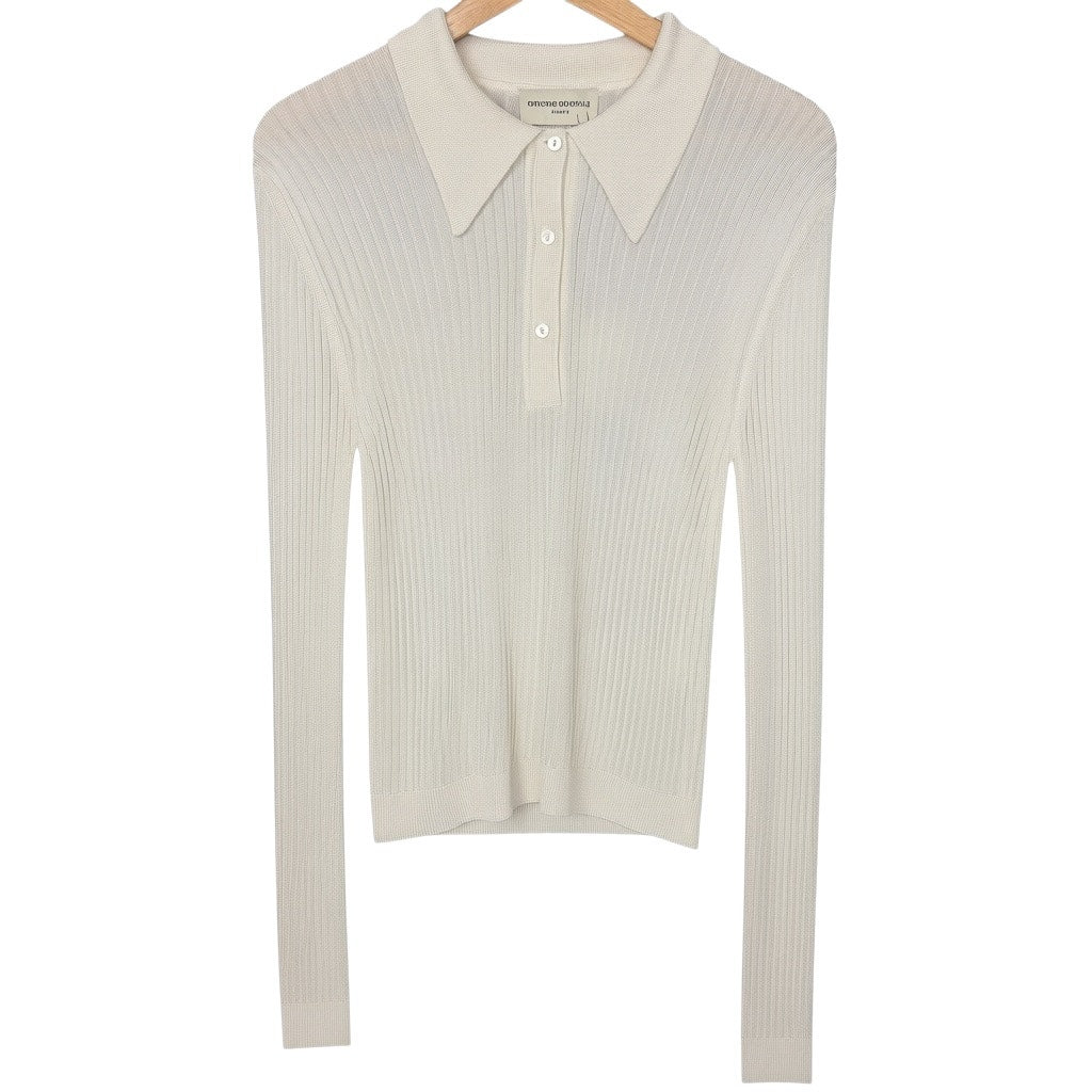 Officine Generale Jana Ribbed Knit Cream Polo Long Sleeve Top Women's M NWT $465