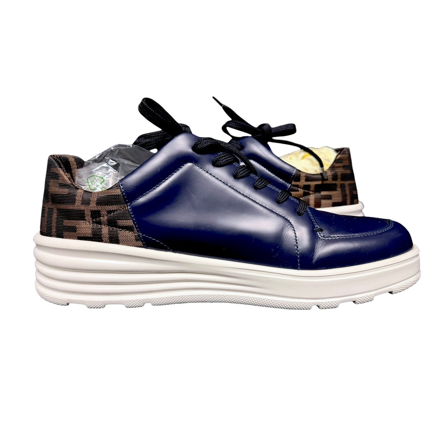 Fendi FF Navy Blue Monogram Logo Motif Low Top Leather Sneakers - $890 Retail