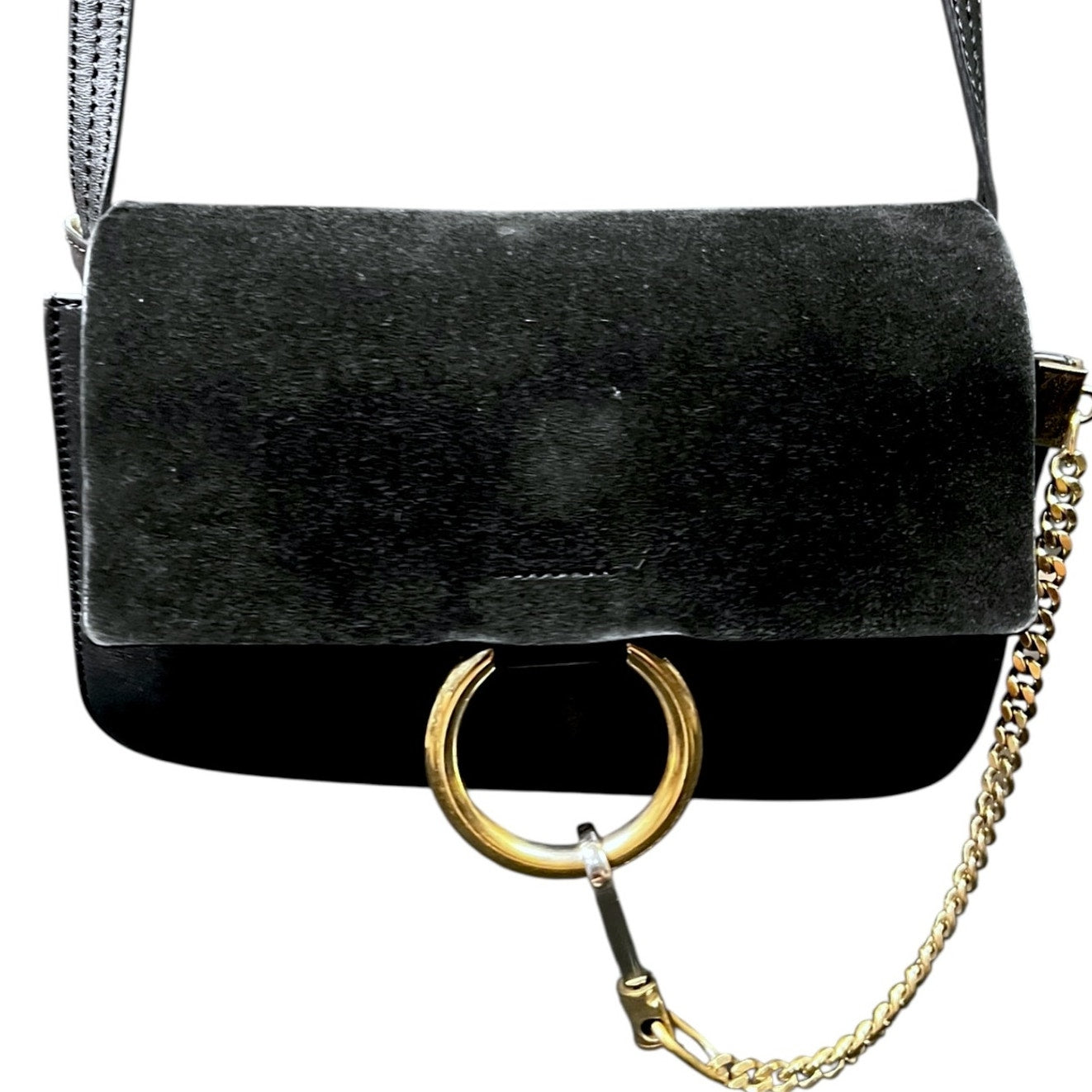 Chloe Faye Black Gold Shoulder Strap Small Handbag $1,350 Retail Suede Leather