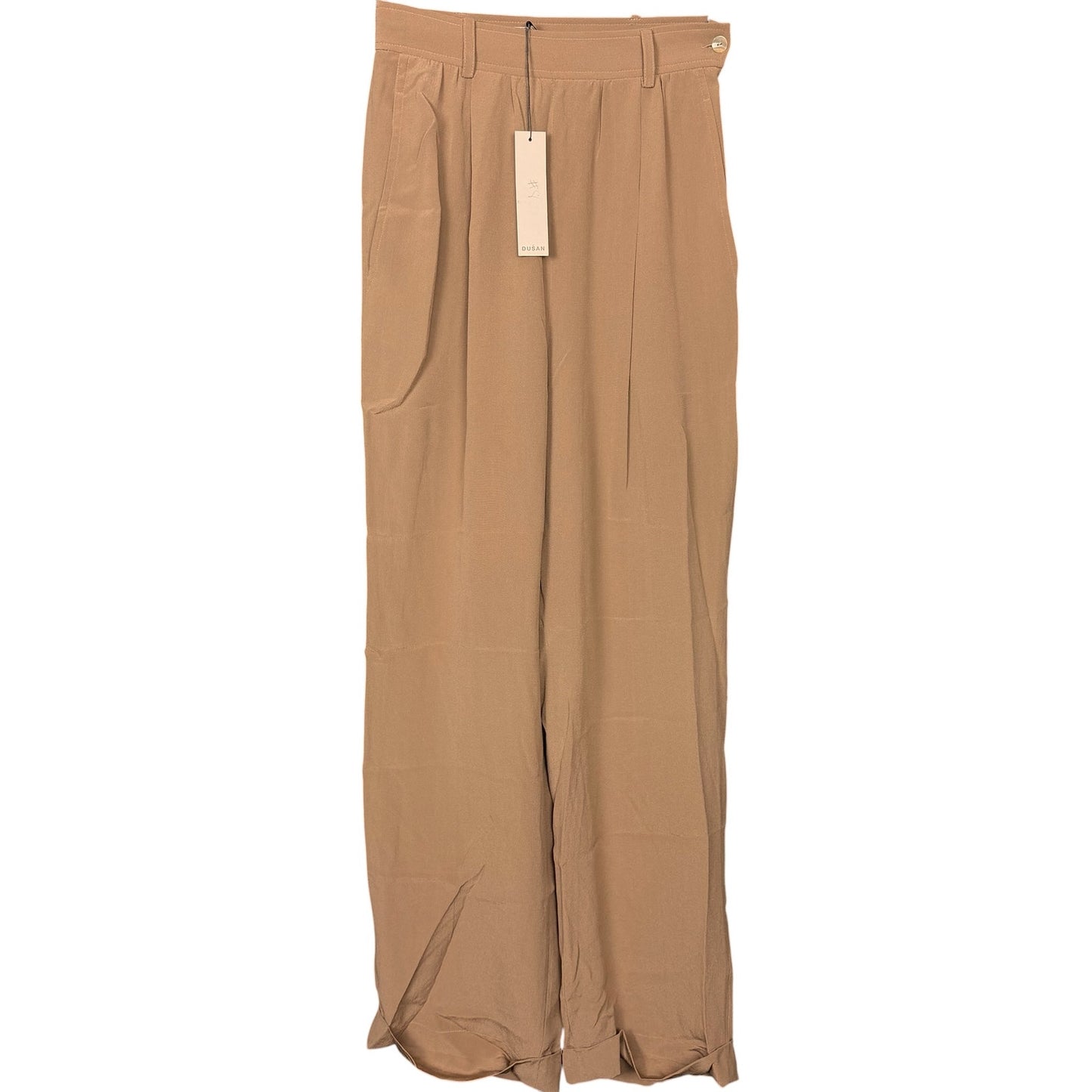 Dusan 100% Silk Flowy Pleated Tan Cuffed Women's L EU 42 Slacks Pants Career NWT