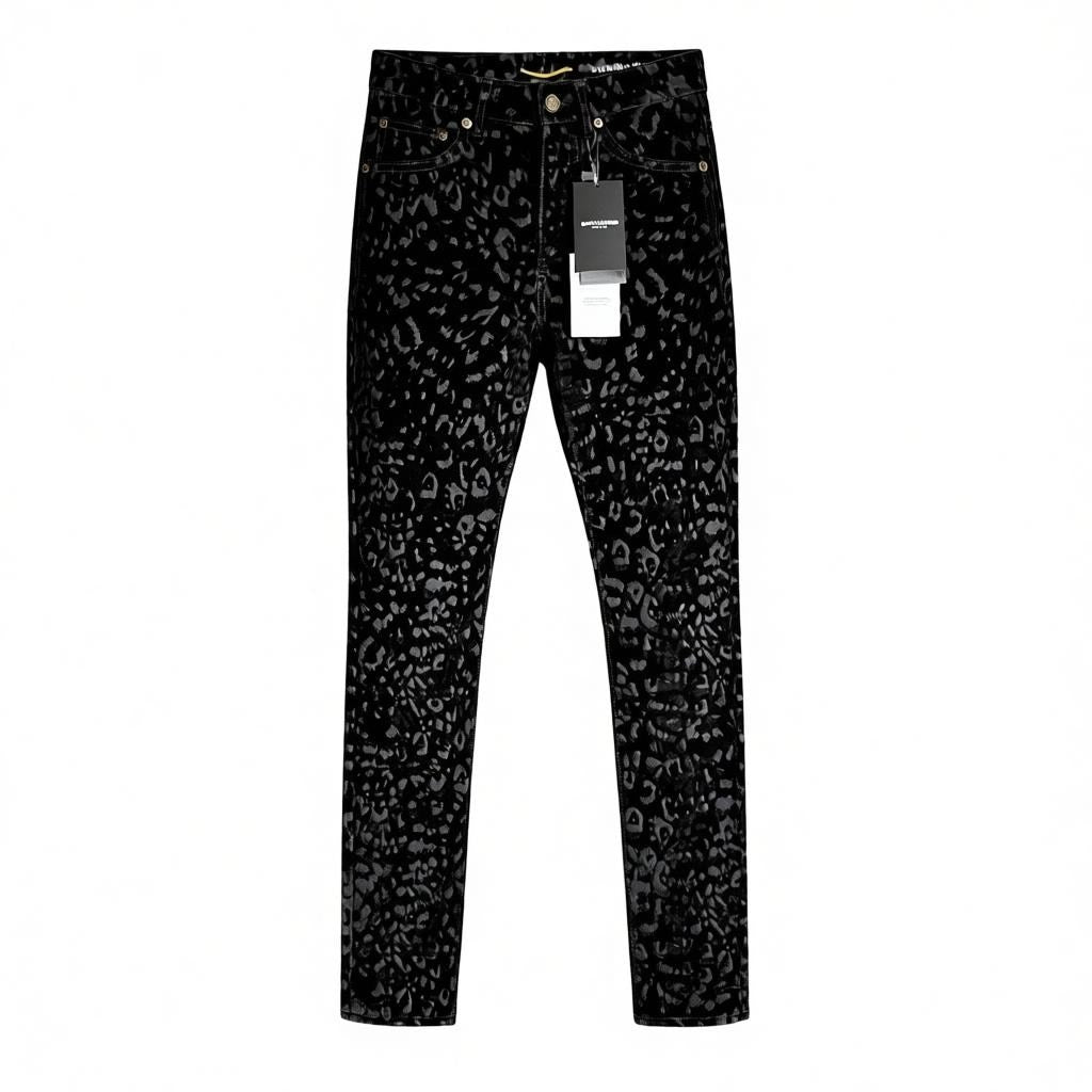 Saint Laurent Flocked Velvet Leopard Print Slim Black Jeans - Size 25 - $575 Retail