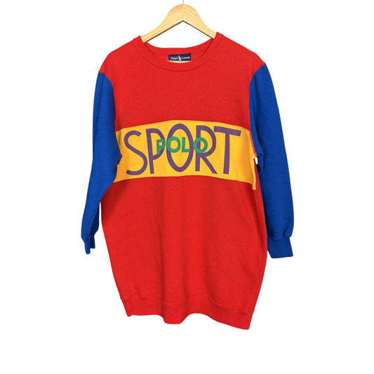 Vintage Polo Sport Ralph Lauren Women's Red Yellow Blue Sweatshirt Dress - L