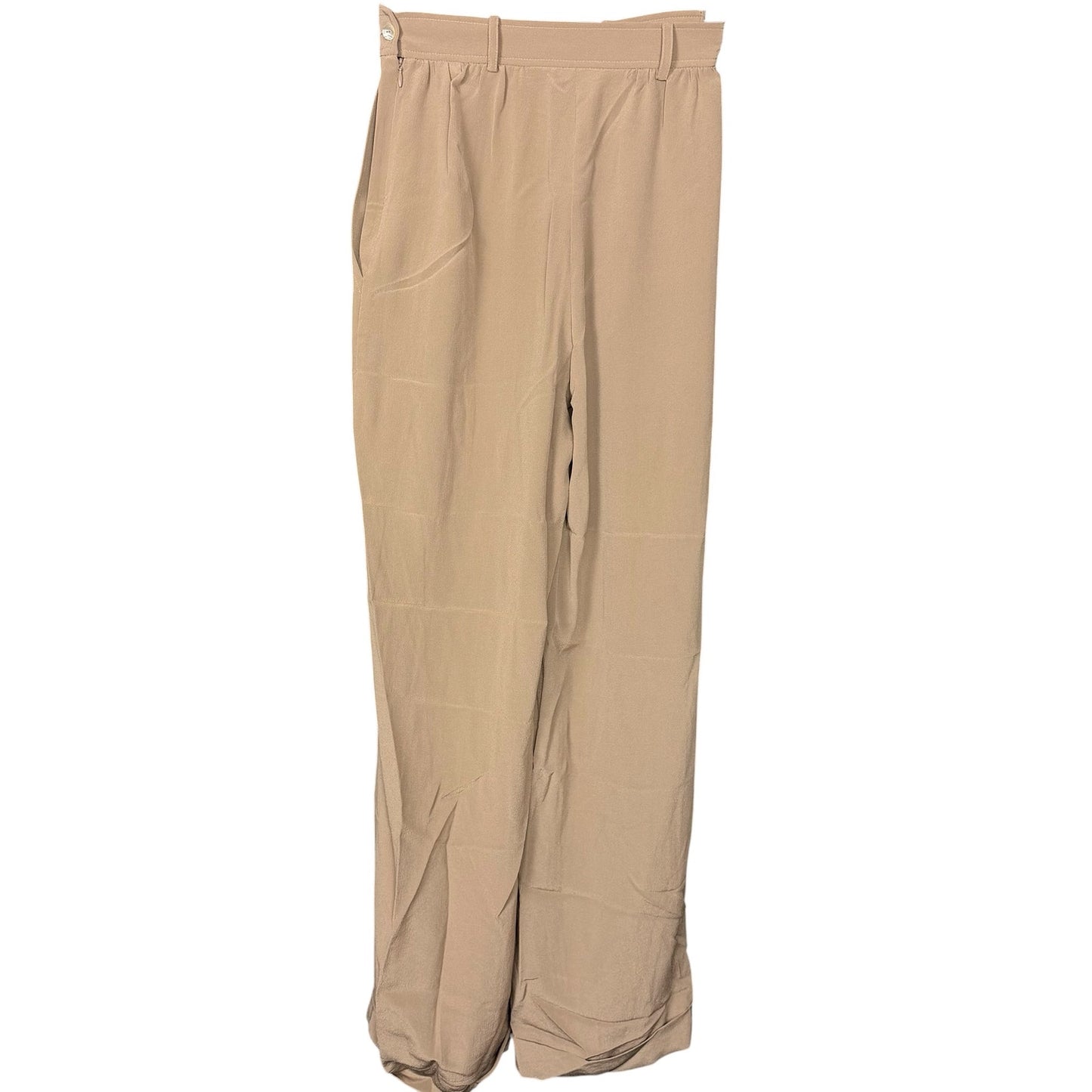 Dusan 100% Silk Flowy Pleated Tan Cuffed Women's L EU 42 Slacks Pants Career NWT