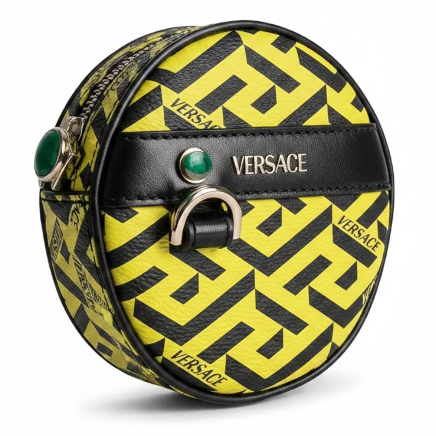 Versace La Greca Round Pouch Coin Cosmetic Belt Bag $575 Retail Bright Yellow