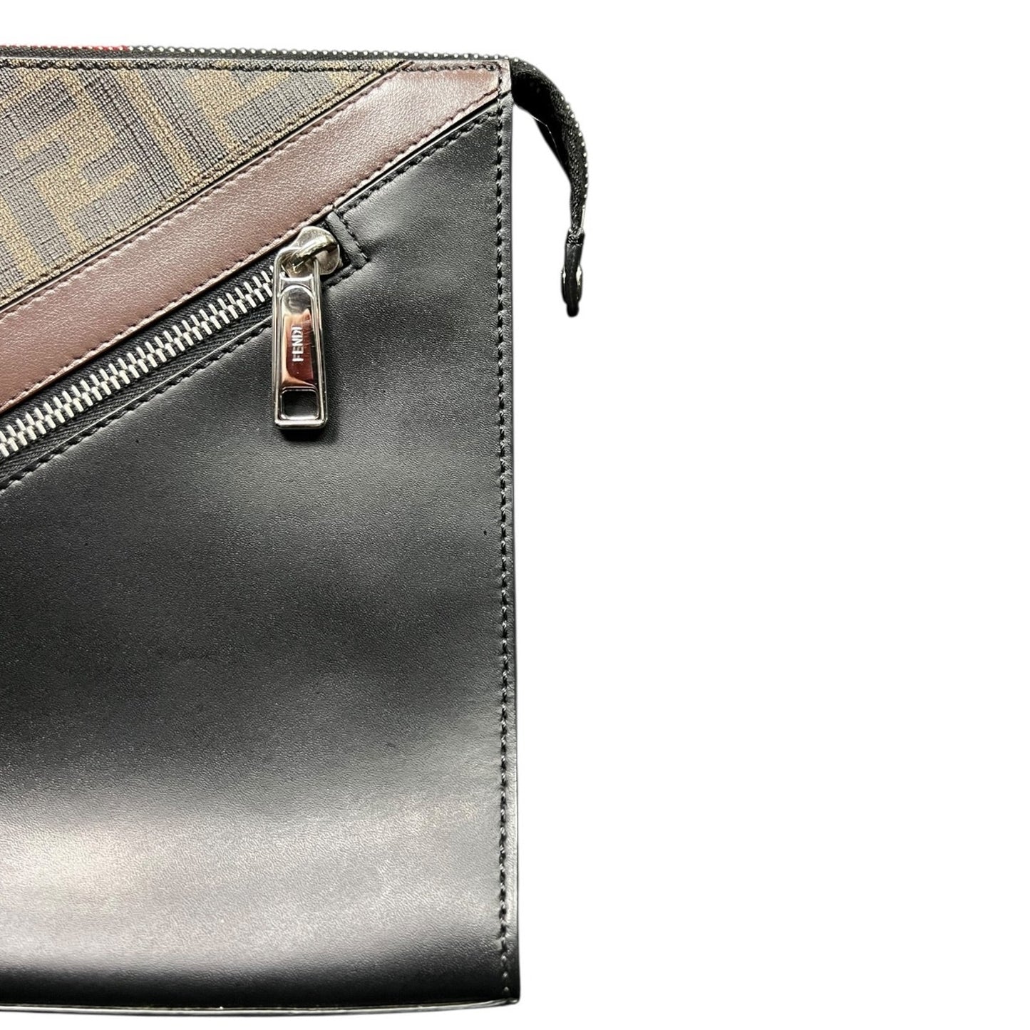 Fendi Diagonal Wrist Clutch Brown FF Zucca Logo Black Trim Luxury $1,250