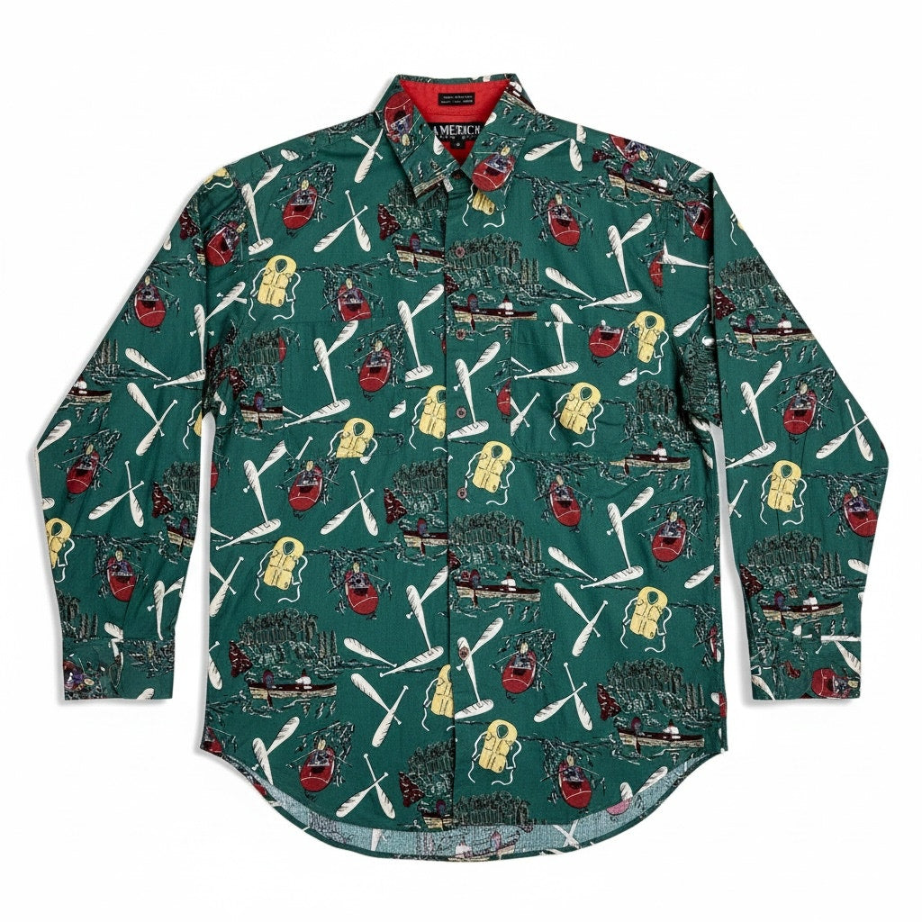 Vintage 90s America Perry Ellis Boat Rafting Fishing Outdoors Print L/S Shirt S