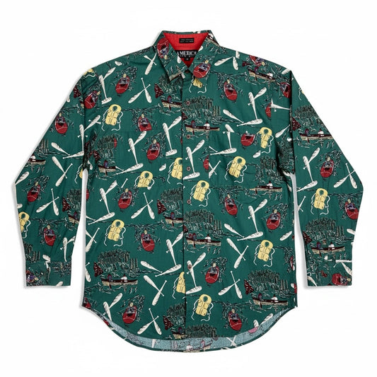 Vintage 90s America Perry Ellis Boat Rafting Fishing Outdoors Print L/S Shirt S