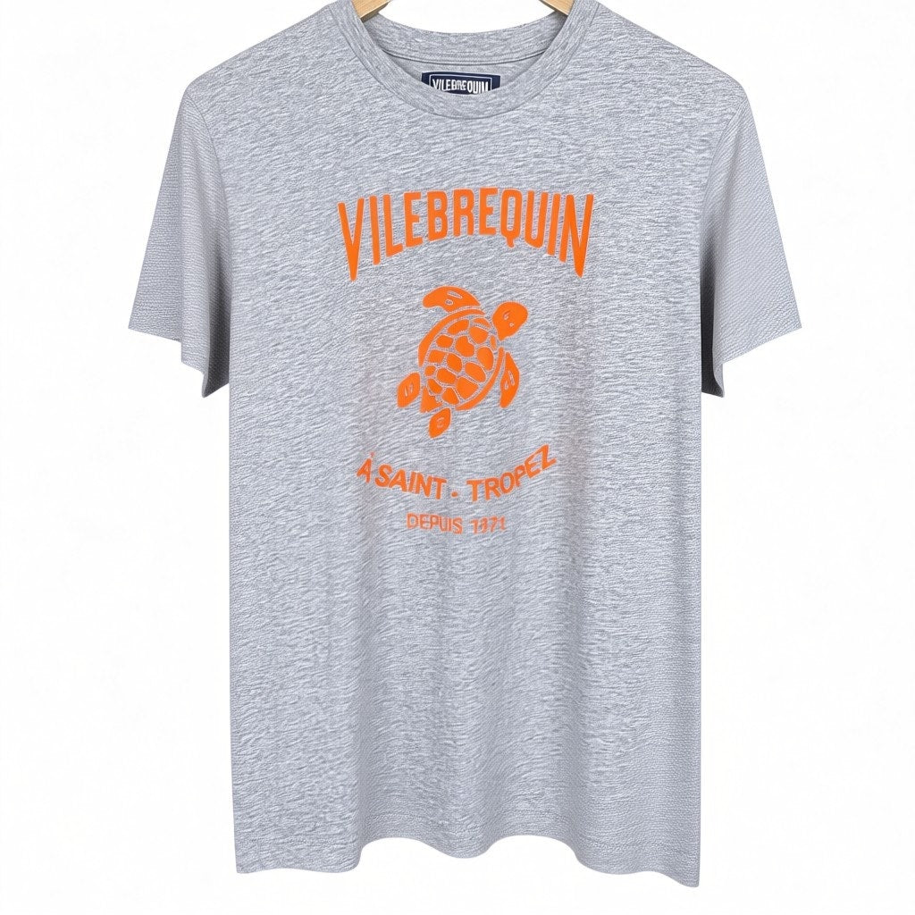 Vilebrequin Men's Small Orange Turtle A Saint Tropez Gray T-Shirt NWT Summer