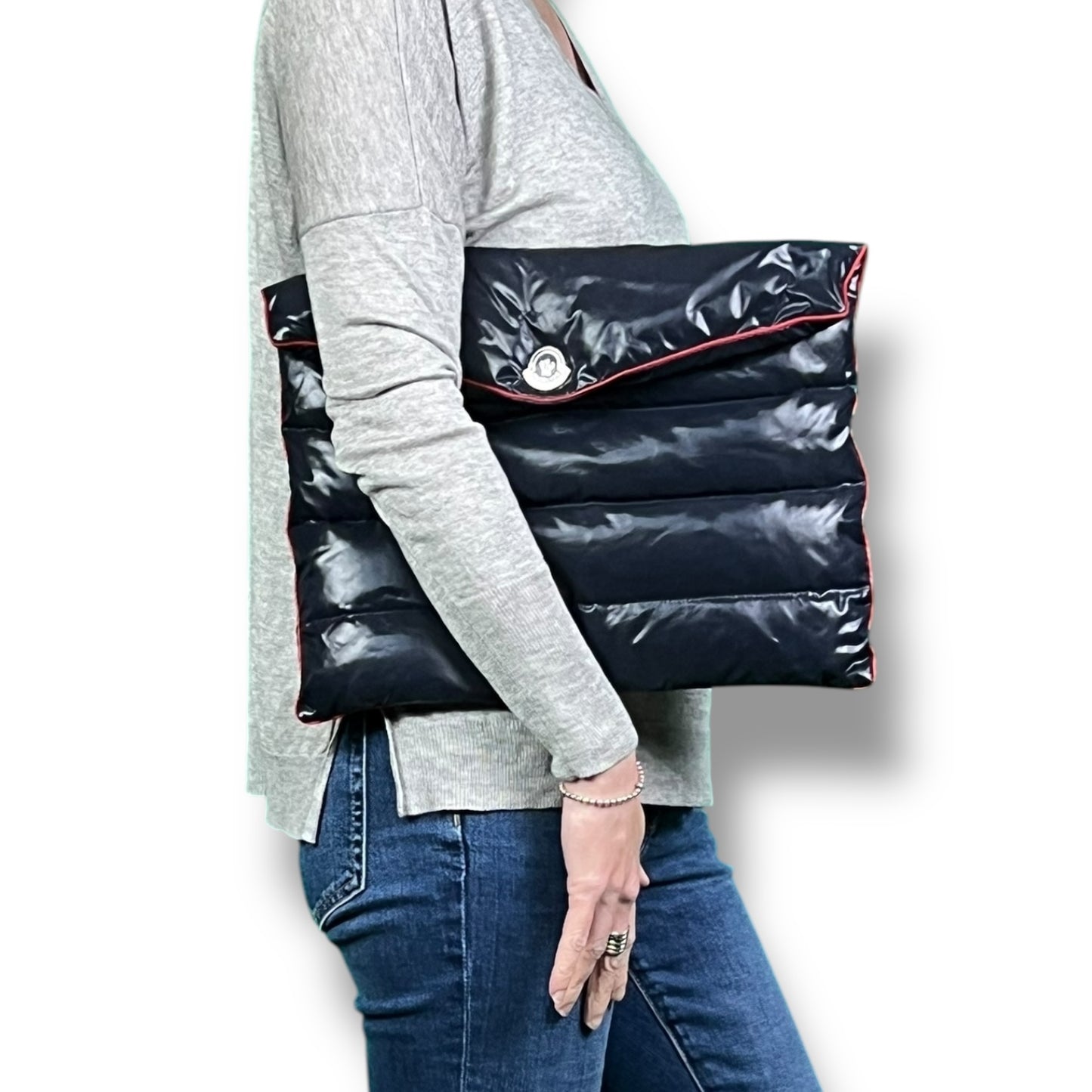 Moncler Navy Blue/Red Envelope Puffer Clutch Pouch - $670 Retail