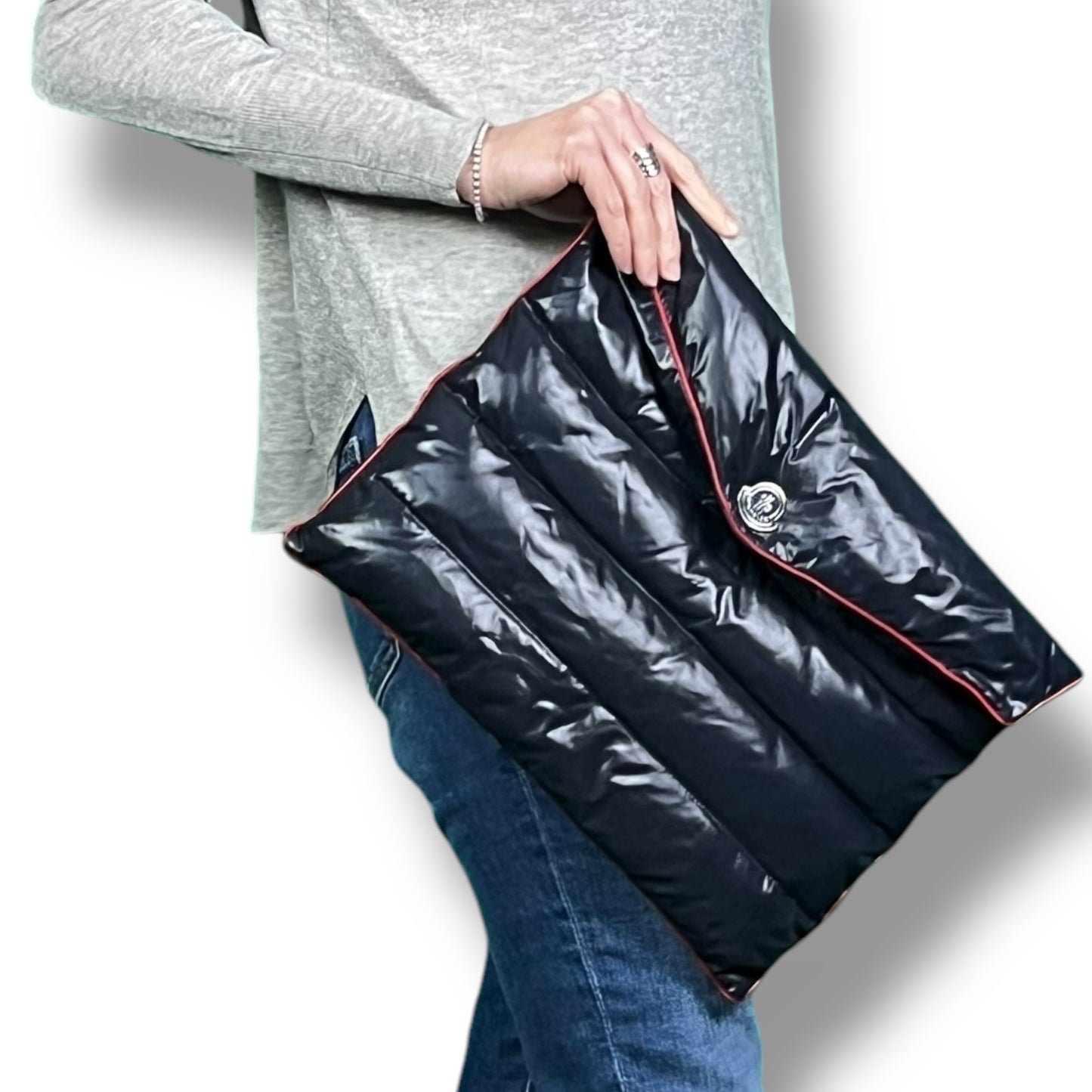 Moncler Navy Blue/Red Envelope Puffer Clutch Pouch - $670 Retail