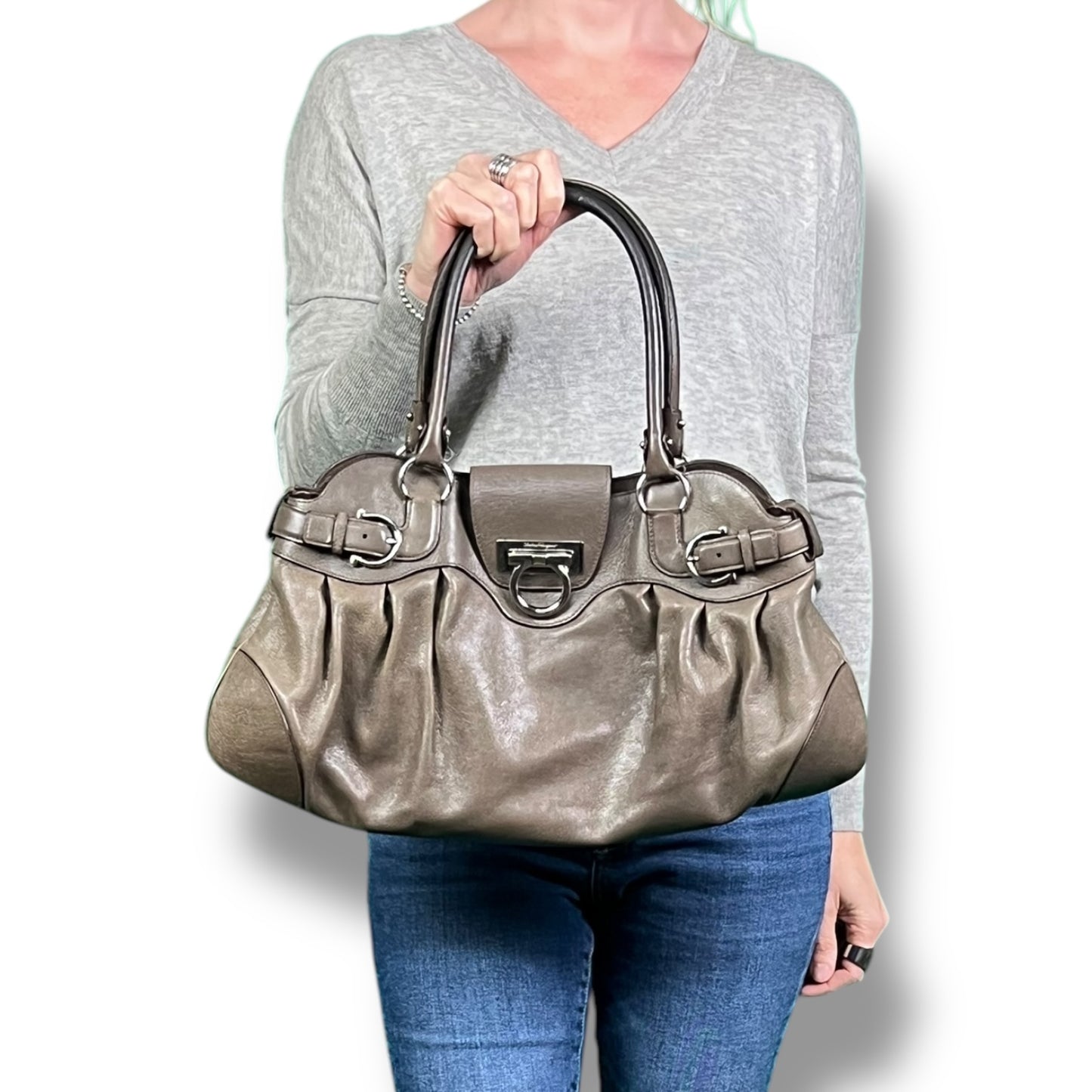 Salvatore Ferragamo Marisa Grey Leather Handbag - $750 Retail