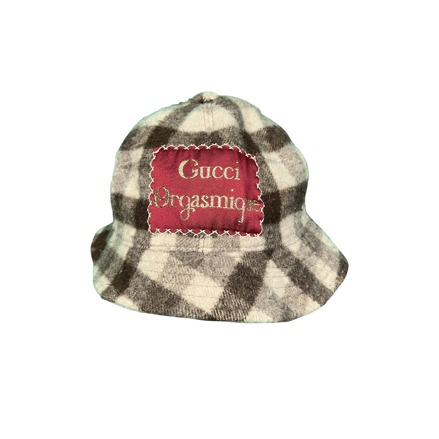 Gucci Orgasmique Patch Bucket Brown & White Plaid Bucket Hat - $530 Retail