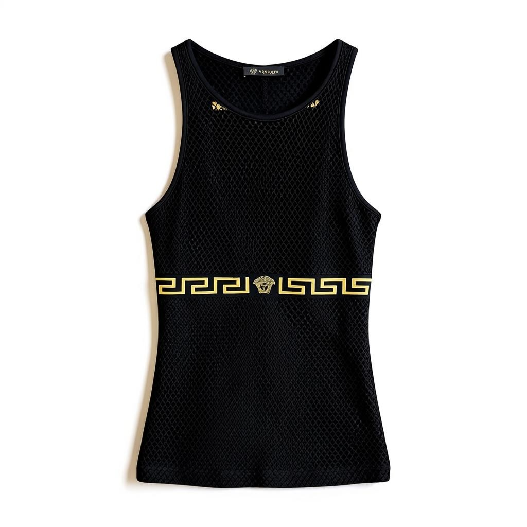 Versace Black & Gold Medusa & Greca Print Mesh Tank Top - $225 Retail