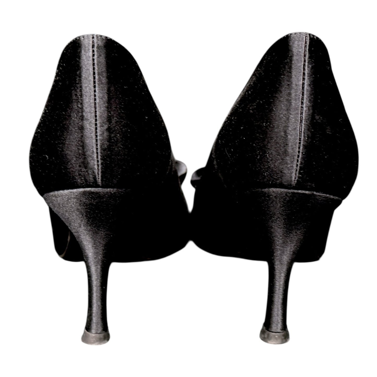 Stuart Weitzman Black Satin Ruffle Bow Open Toe High Heel Pumps Shoes Size 10.5