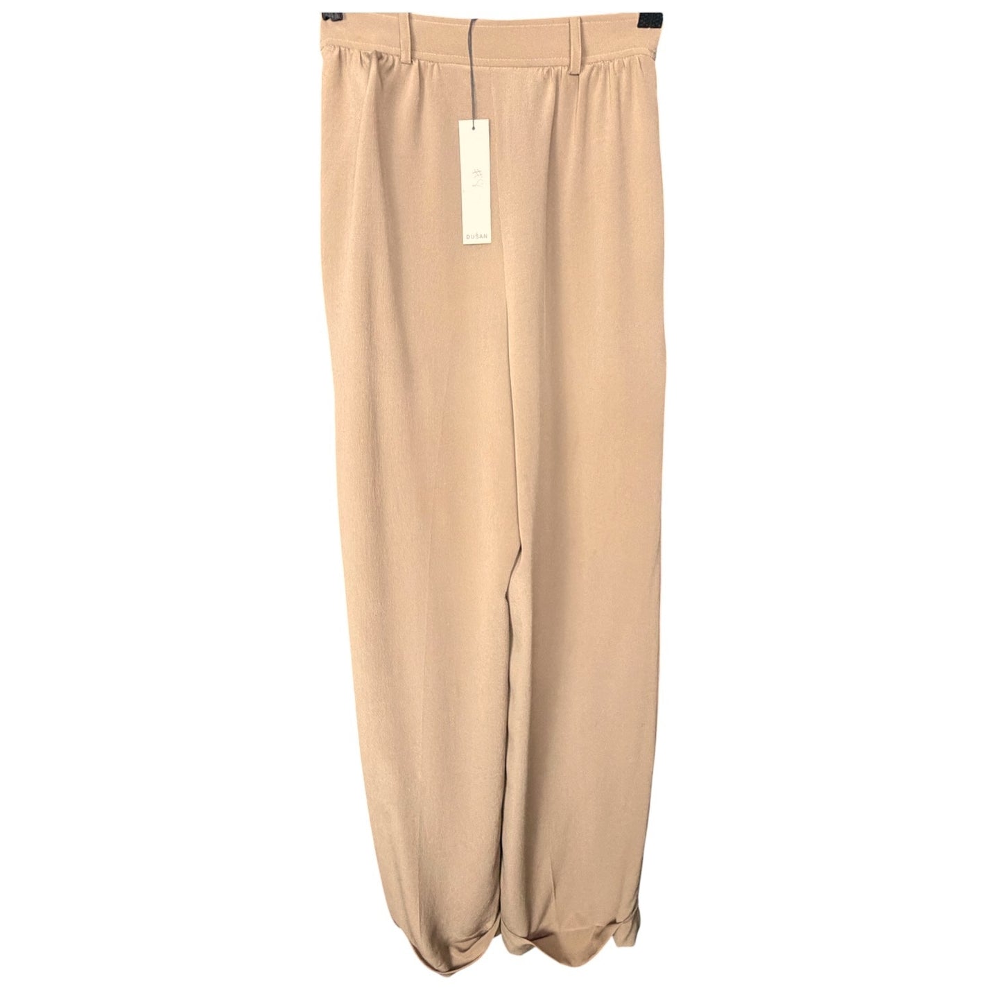 Dusan 100% Silk Flowy Pleated Tan Cuffed Women's L EU 42 Slacks Pants Career NWT