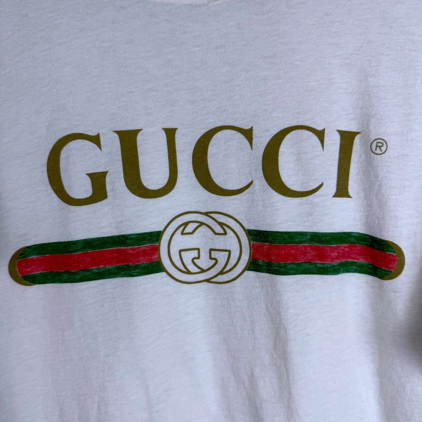 Gucci White Washed Cotton Jersey Oversize T-Shirt with Gucci Logo Distressed Neck $650 Retail