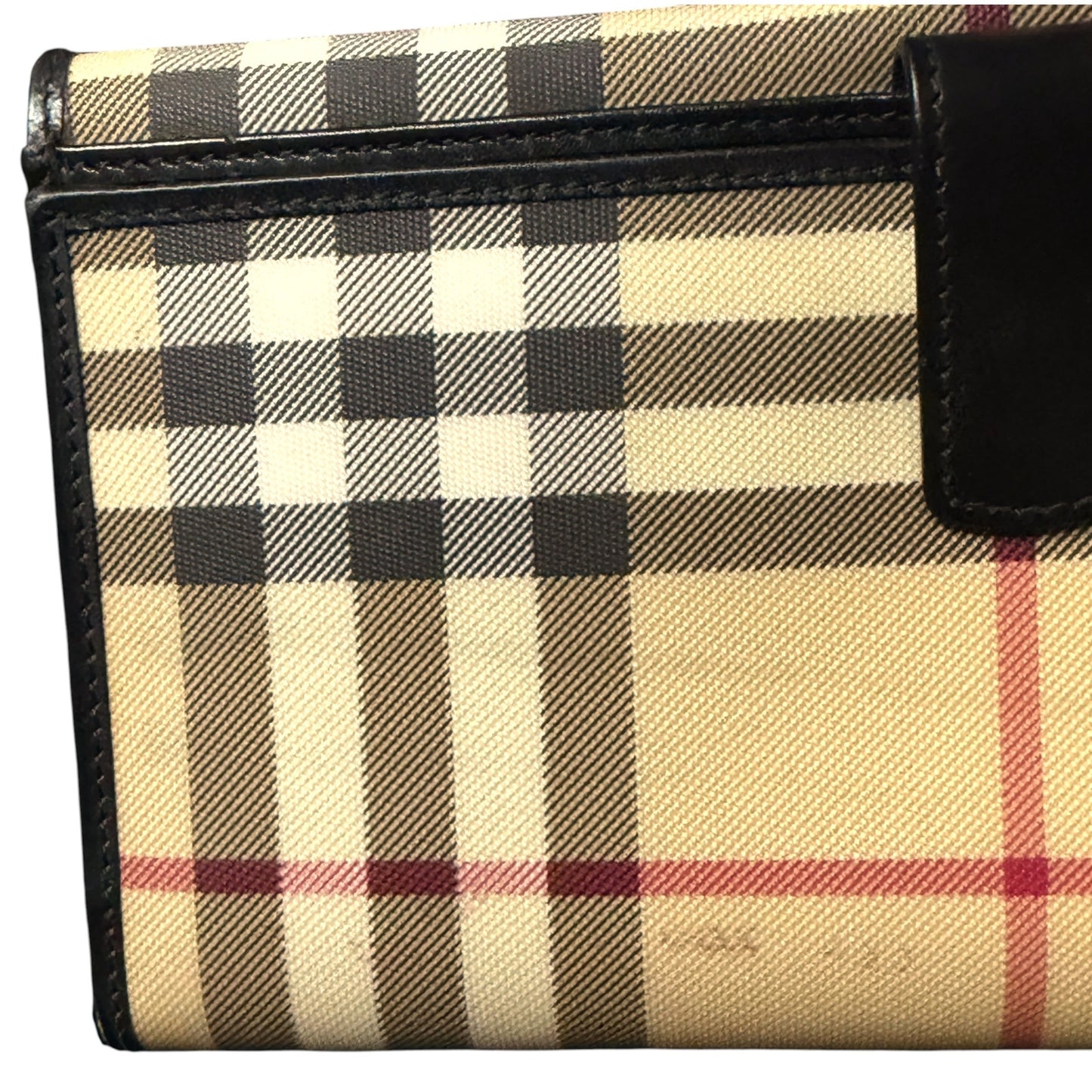 Authentic Burberry Nova Check Continental Long Wallet Black Leather Trim Luxury