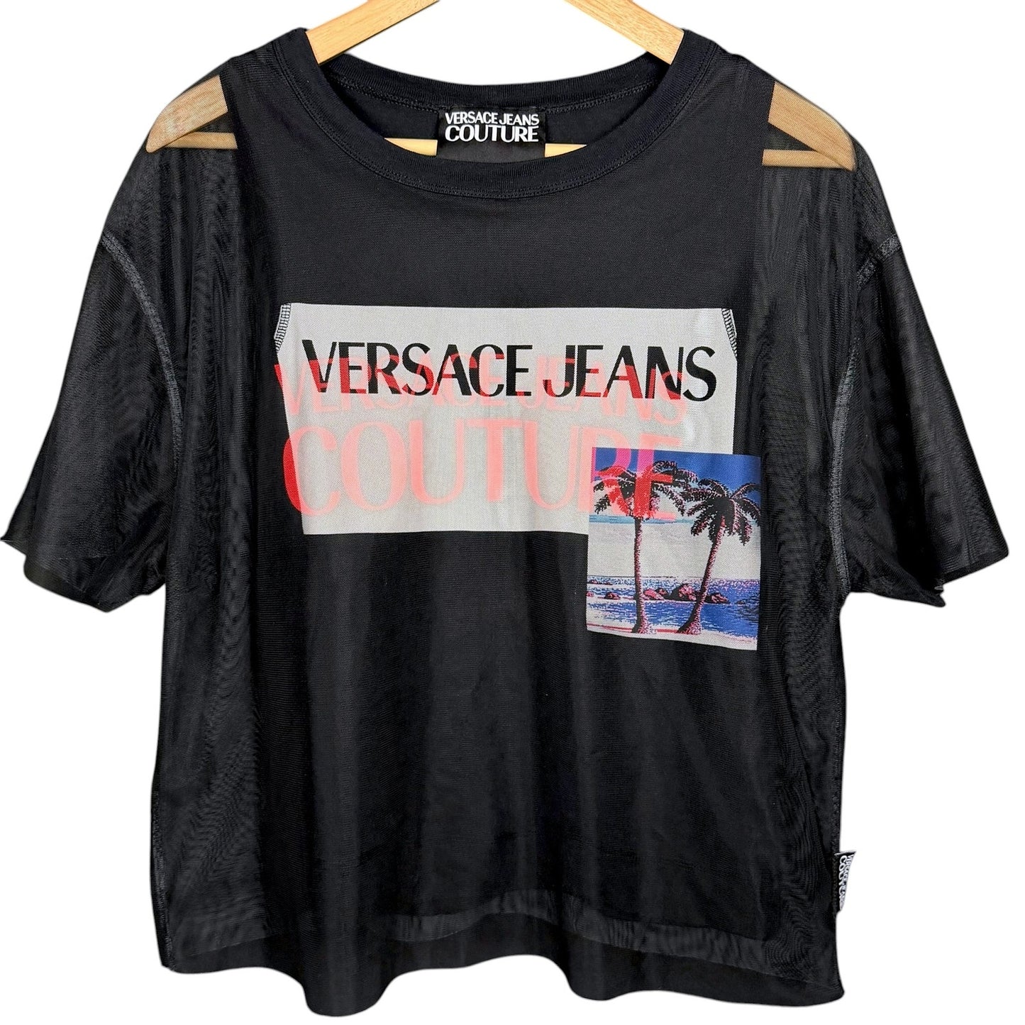 Versace Jeans Couture Women's Medium Mesh Over Tank Top Graphic T-Shirt Blouse