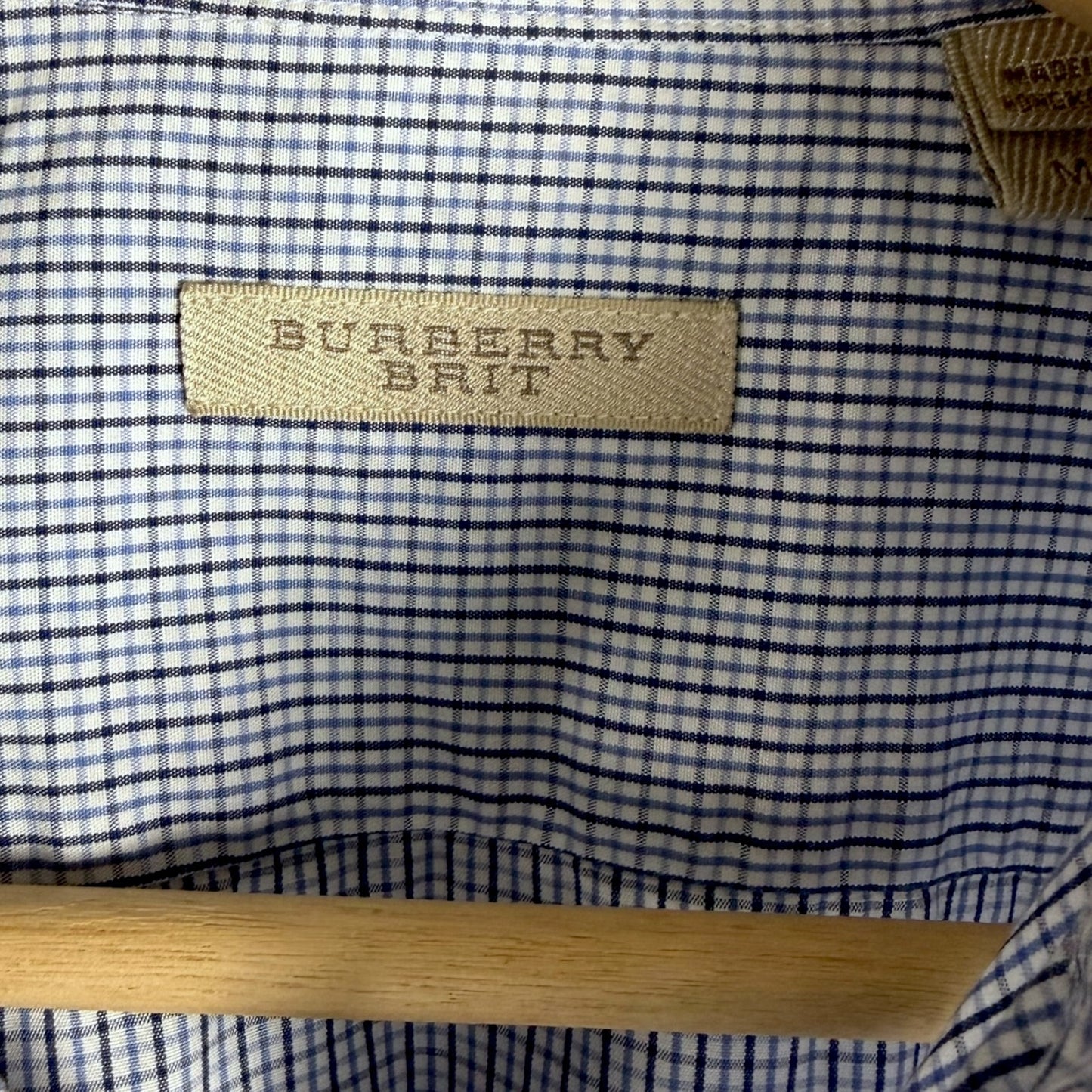 Burberry Brit Blue White Check Pocket Logo Men's Medium Button Down Dress Shirt