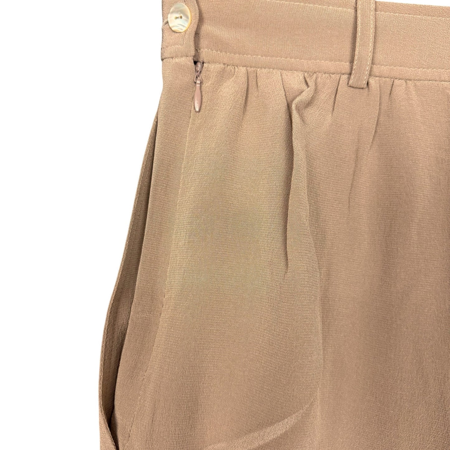 Dusan 100% Silk Flowy Pleated Tan Cuffed Women's L EU 42 Slacks Pants Career NWT