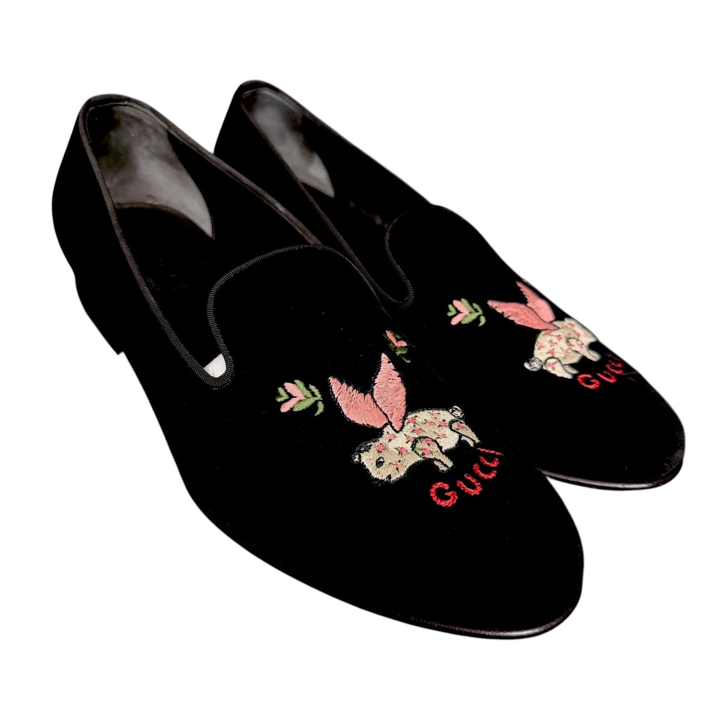 Gucci Flying Pig Embroidered Black Velvet Loafers Slippers - $1,090 Retail