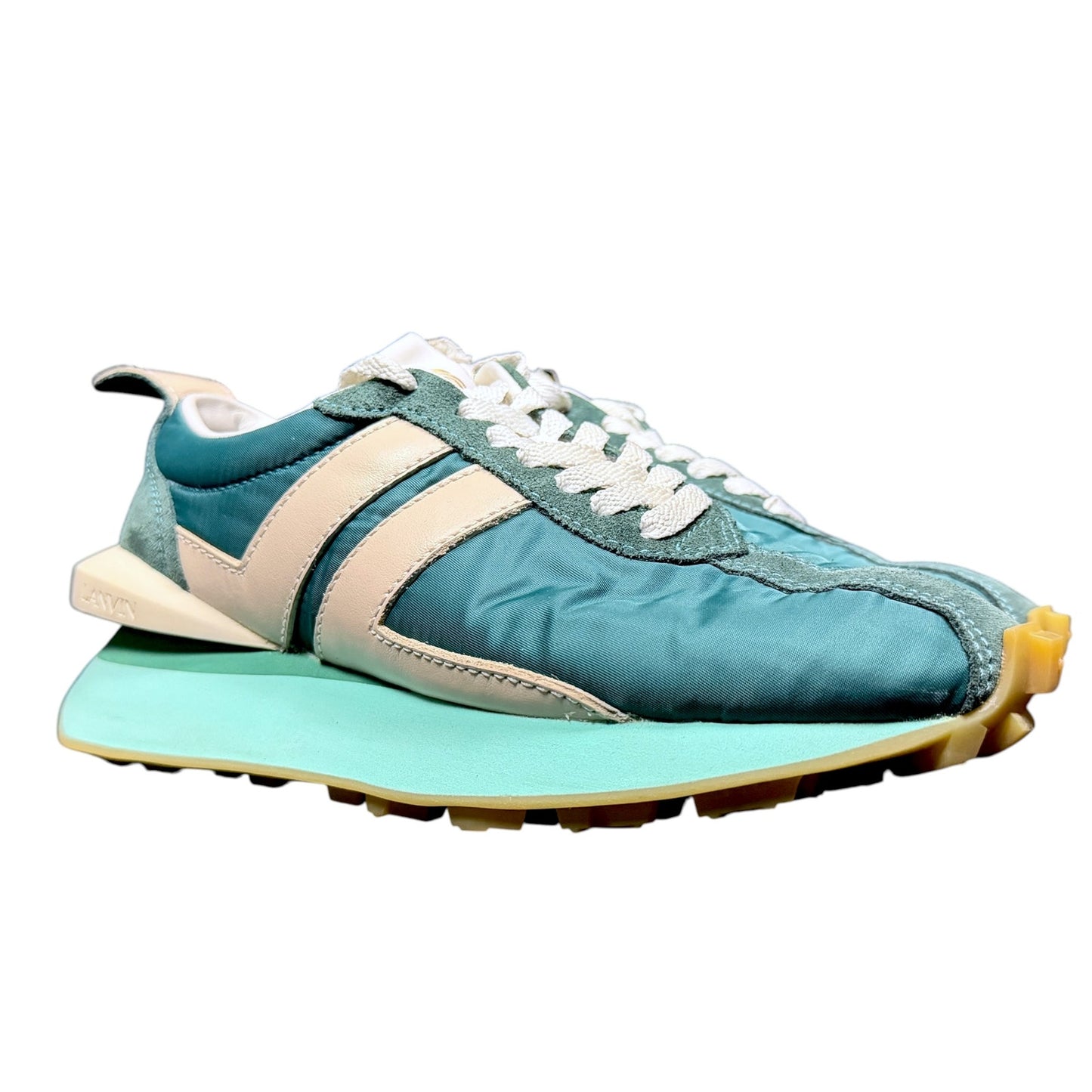 Lanvin Women's 37 Peacock Blue White Bumper Suede Leather Lace Up Sneakers US 6