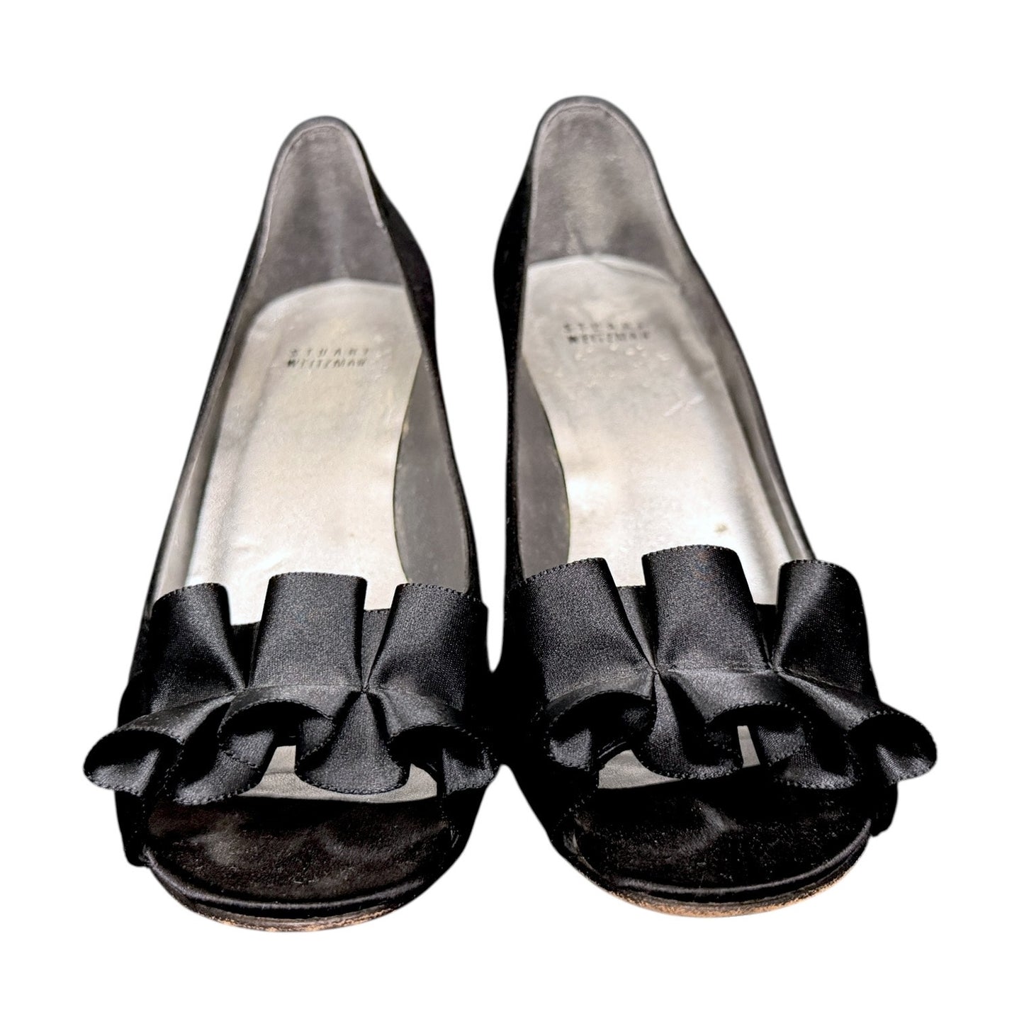 Stuart Weitzman Black Satin Ruffle Bow Open Toe High Heel Pumps Shoes Size 10.5