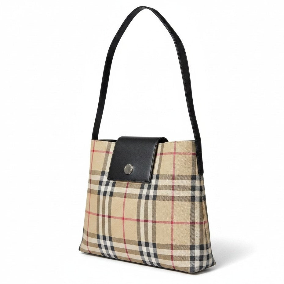 Burberry Nova Check Top Handle Bag Purse Silver Metal Leather Trim Luxury