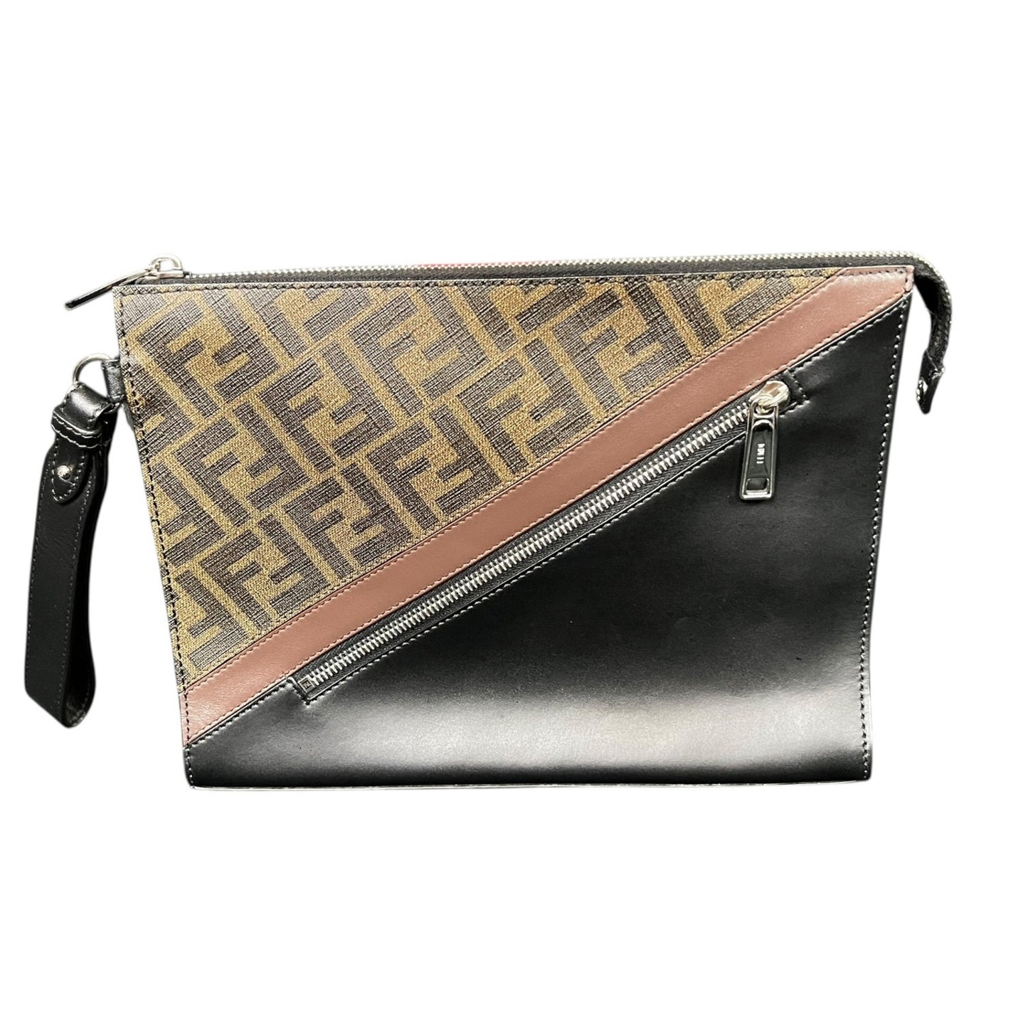 Fendi Diagonal Wrist Clutch Brown FF Zucca Logo Black Trim Luxury $1,250