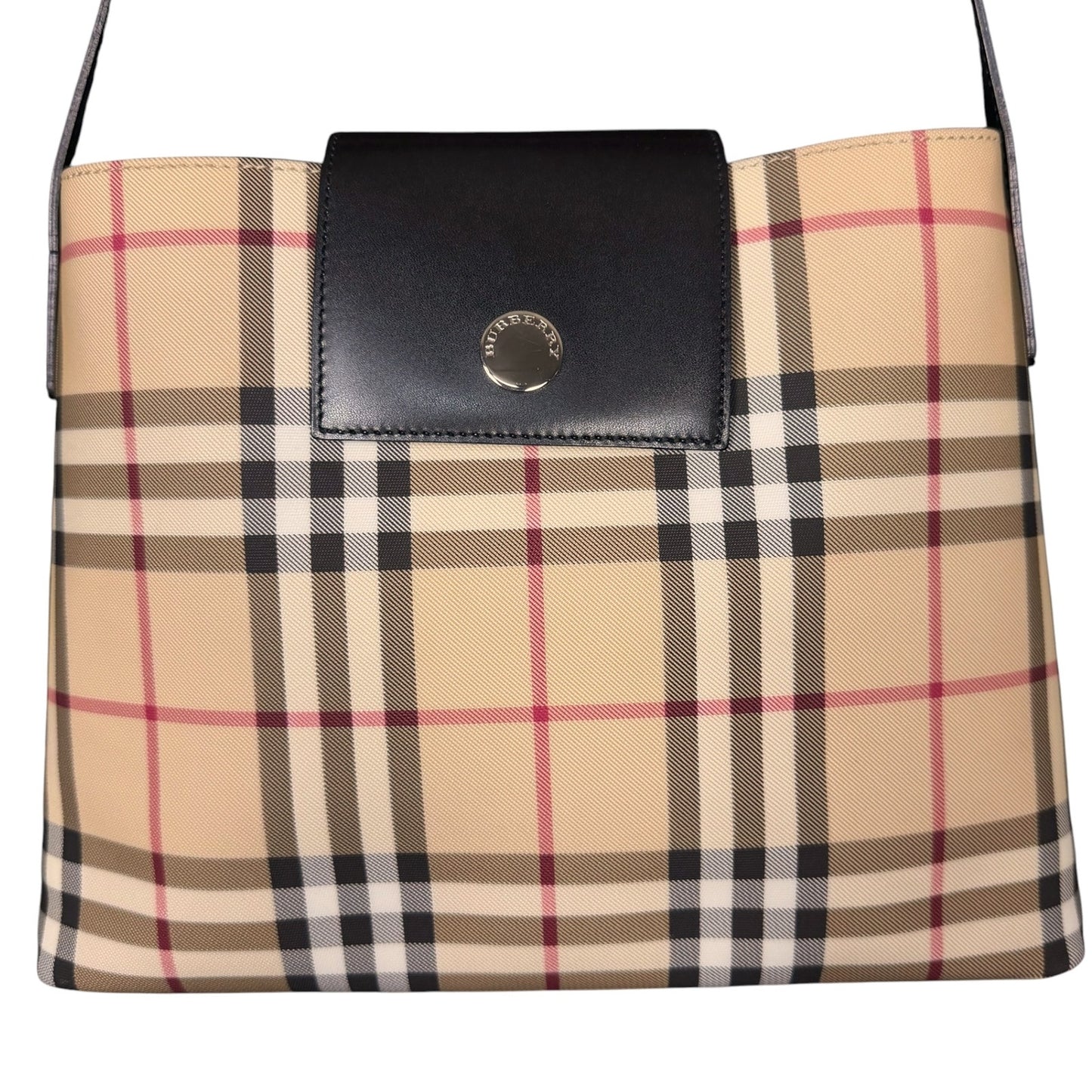 Burberry Nova Check Top Handle Bag Purse Silver Metal Leather Trim Luxury