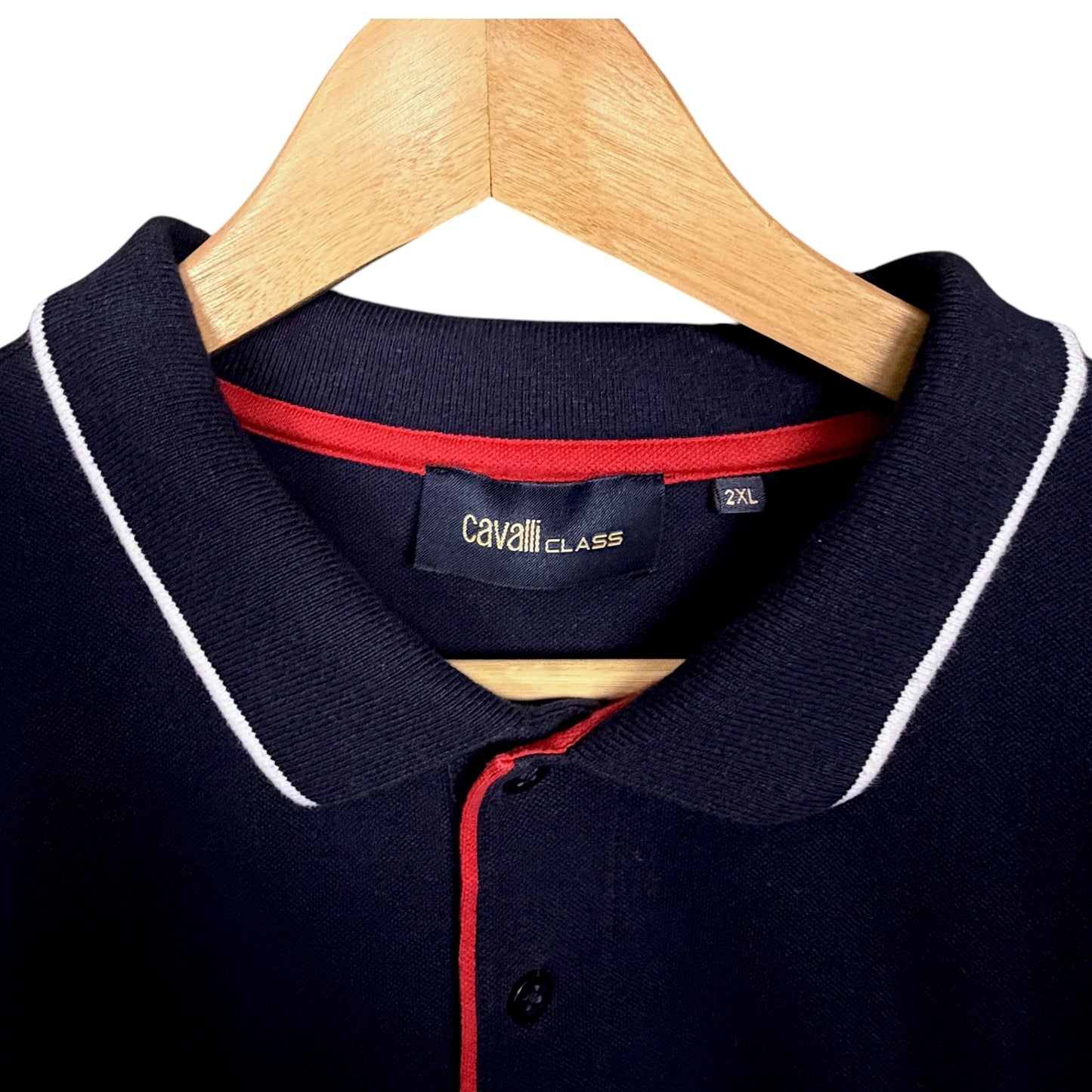 Roberto Cavalli Class Polo Shirt Mens 2XL Navy White Collar Logo Stretch Casual
