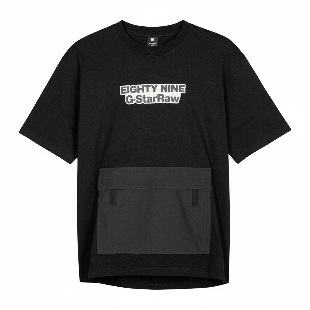 G-Star RAW Mens Black Fabric Mix Boxy T-shirt Oversize Fit Pouch Sold Out NWT S