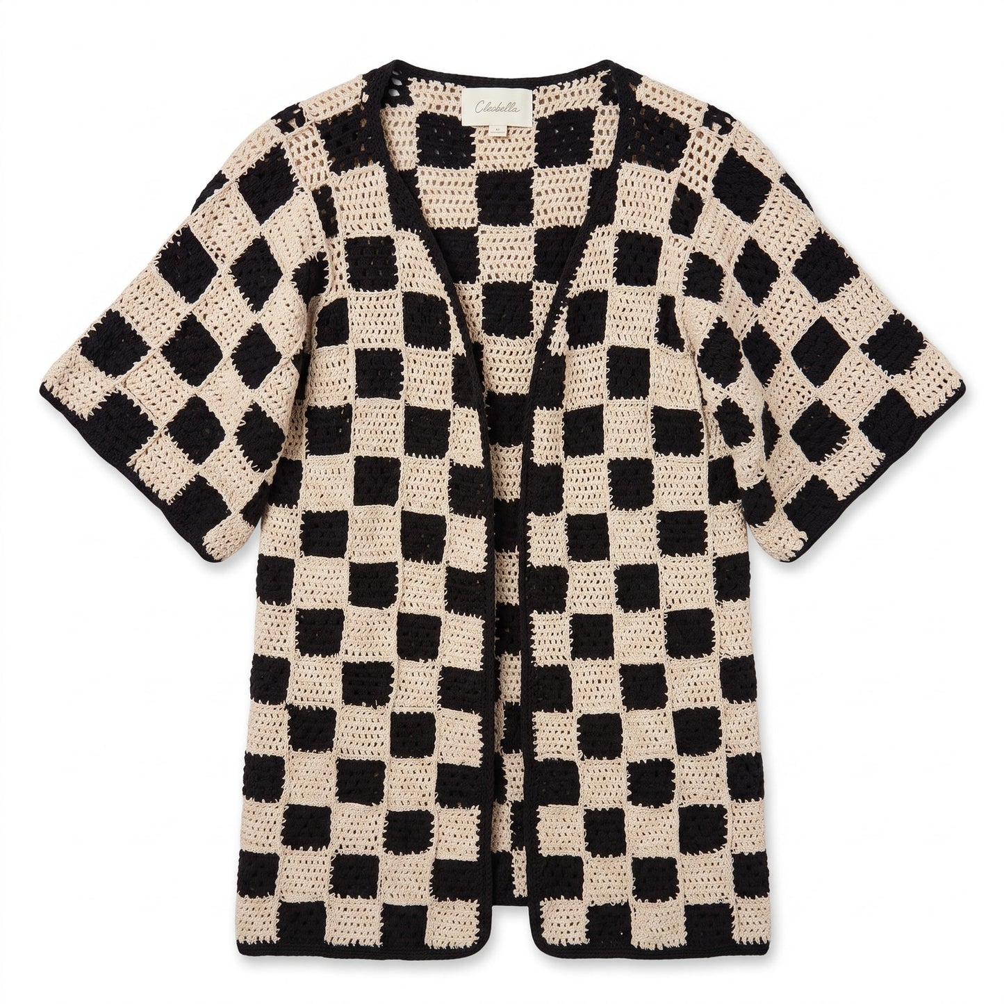 Cleobella Brenda Crochet Black White Checkerboard Knit Cardigan Women's XS Boho